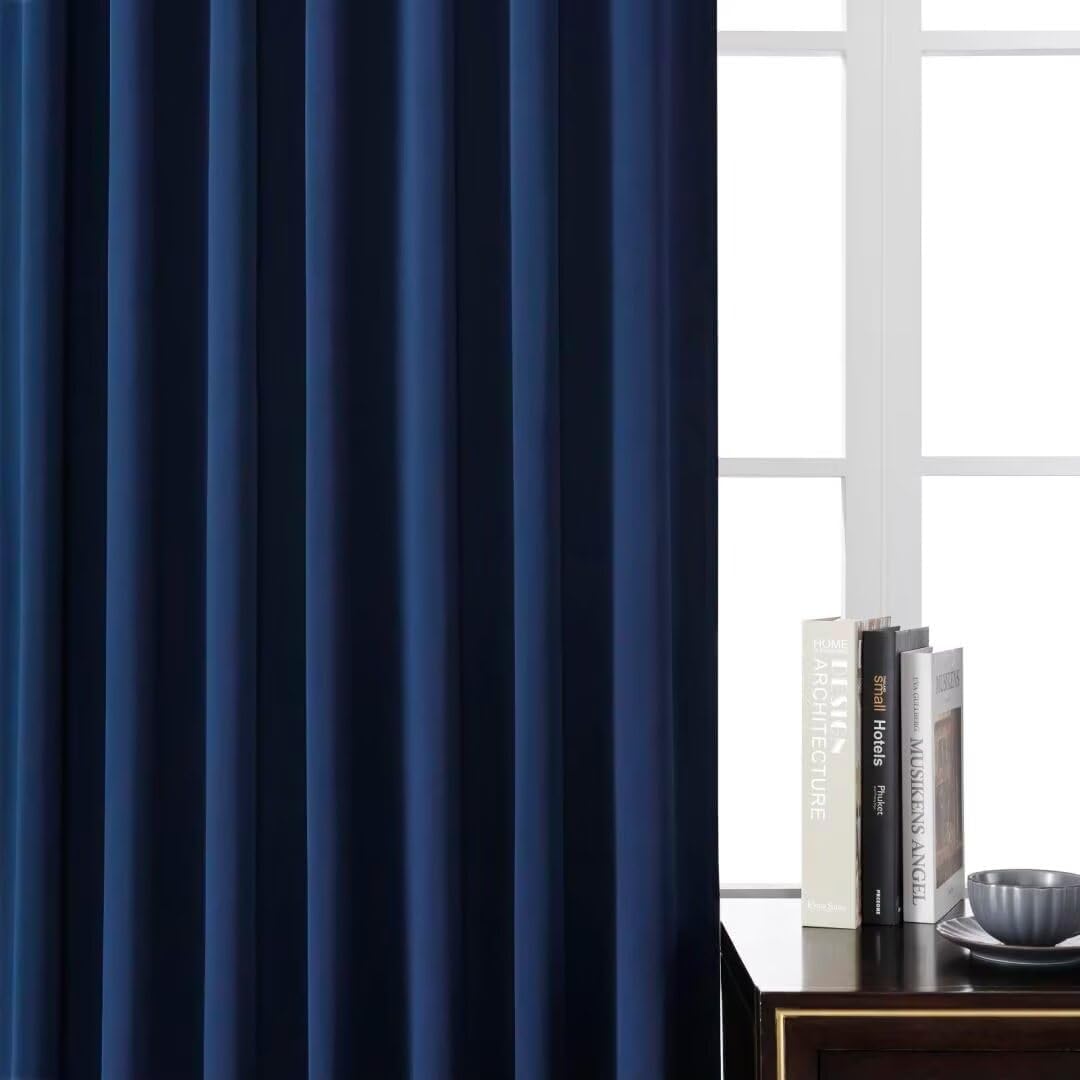 Joydeco 90 Inch Blackout Curtains for Bedroom, Thermal Insulated Black Out Curtains 2 Panels Set, Room Darkening Drapes for Living Room Window Rod Pocket Back Tab (W52 x L90 Inch, Navy Blue)