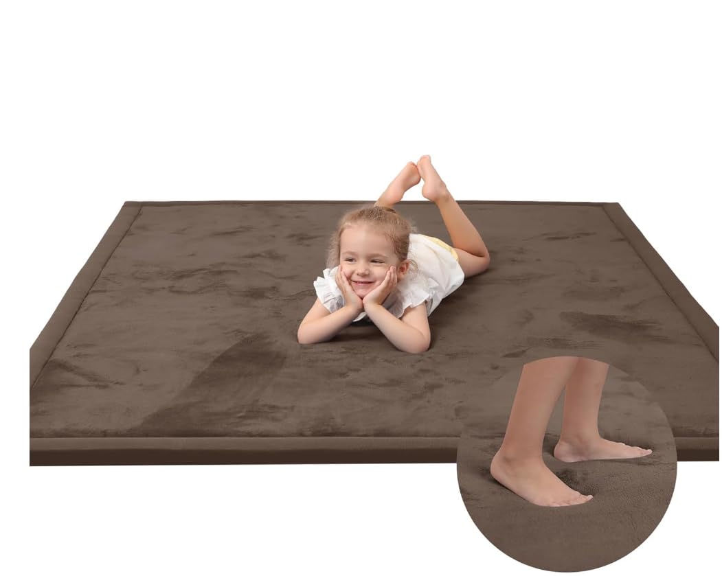 Baby Play Mat for Floor,1.3" Thick Elasti-Foam 50x50 Playpen Mat for Toddlers Infant Kids,Water-Repellent Soft Coral Velvet Tummy Time Mat,Non Slip Crawling Mat,Tatami Mat(Dark Brown)