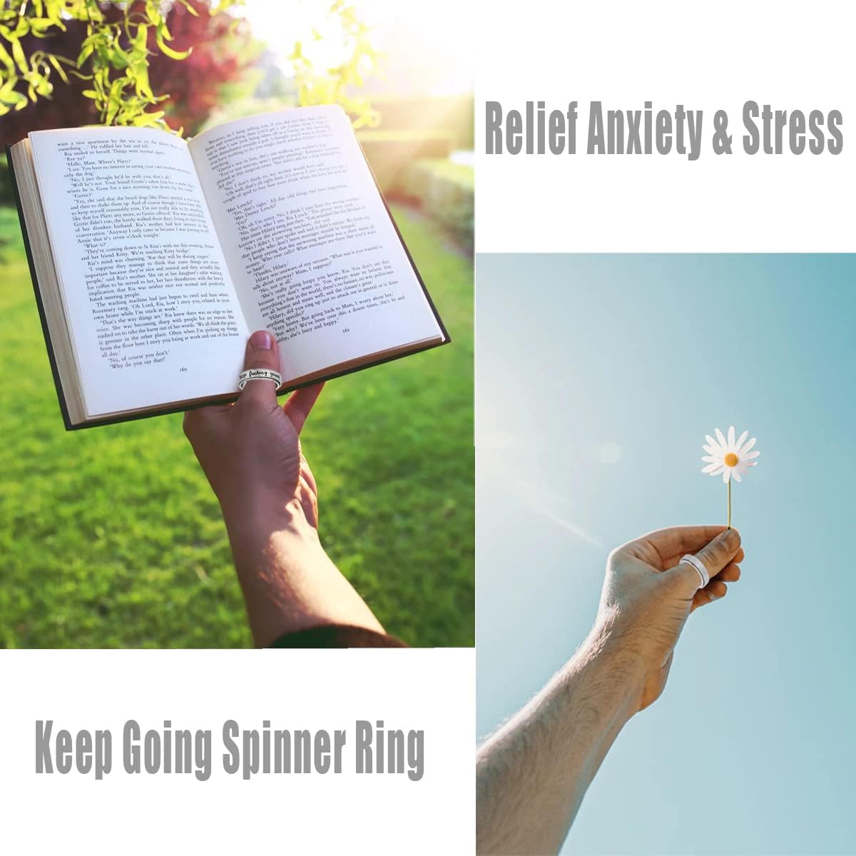 Anxiety Ring for Women Men, Titanium Stainless Steel Spinner Ring, 5 Colors, 6MM, Size 6-10, 3 Styles Anxiety Ring-Moon Star, Sandblasted Finished, Hollow Outer