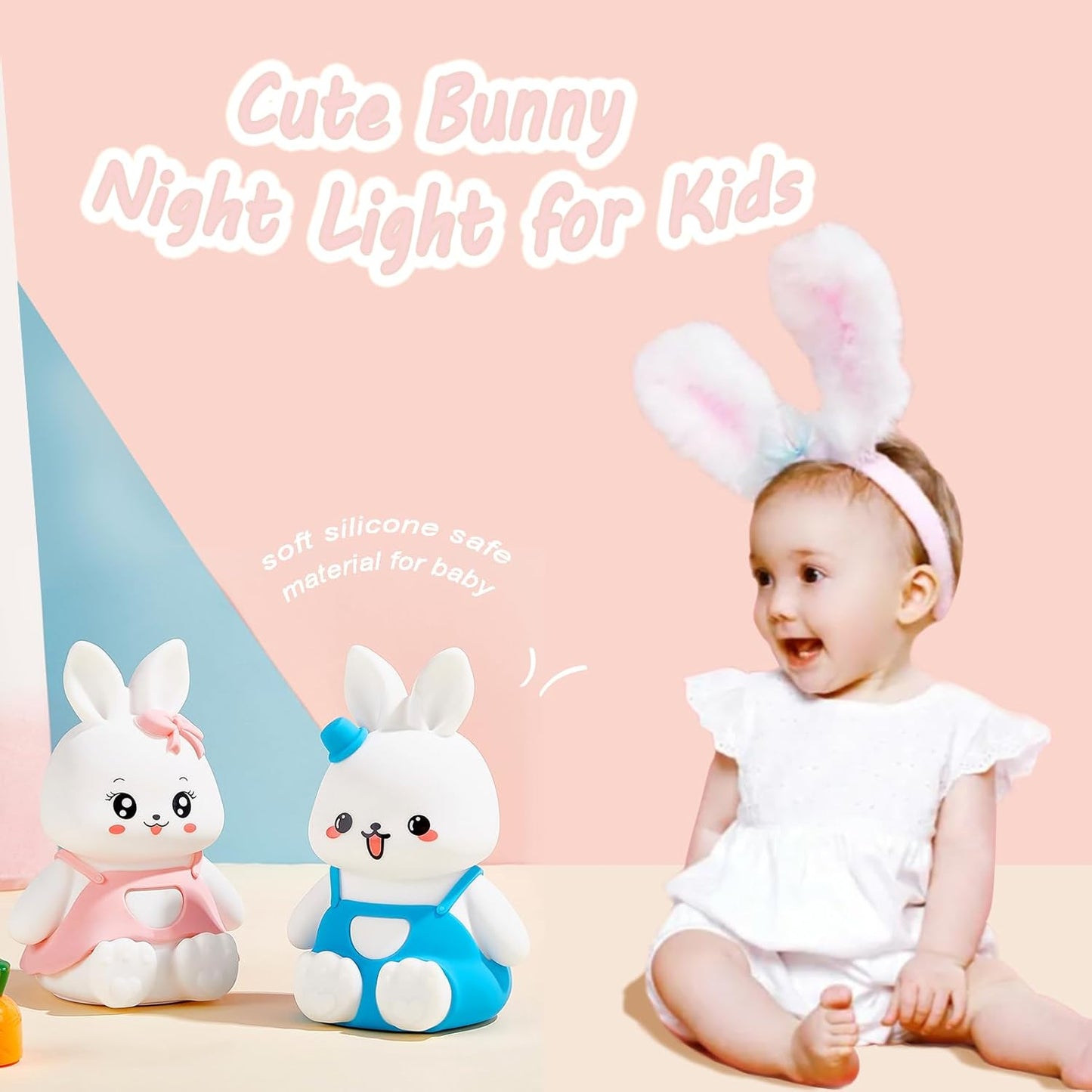 Night Light for Kids Bunny Lamp, Cute Easter Gifts for Girls,Rechargeable Baby Nursery Nightlight for Bedroom, Animal Silicone Kids Lamp Kawaii Room Decor