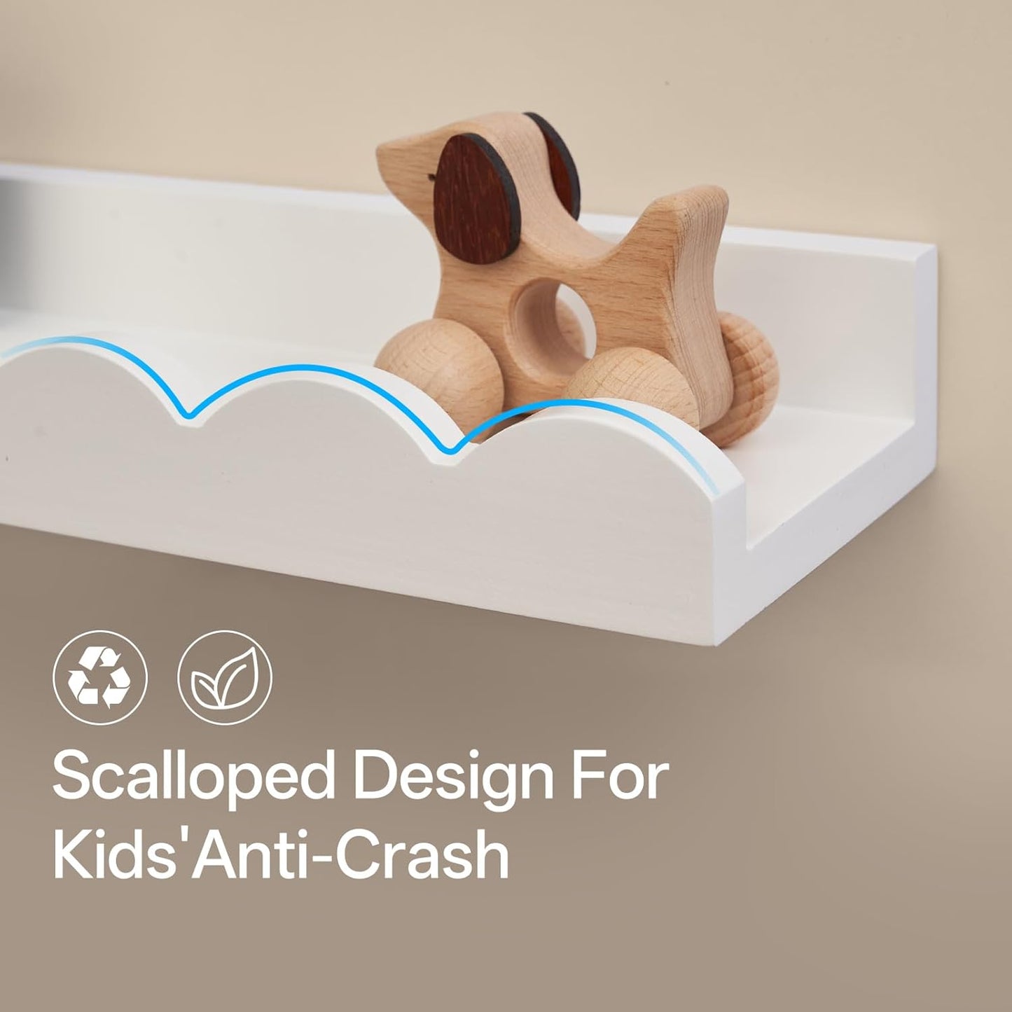 Scalloped Baby Book Shelf,Floating Shelves for Wall Set of 4 Solid Pine Wood Nursery Bookshelves with Wave Lip for Bedroom Kids, Toddler Room, Baby Room, Nursery Decor(White,40cm)