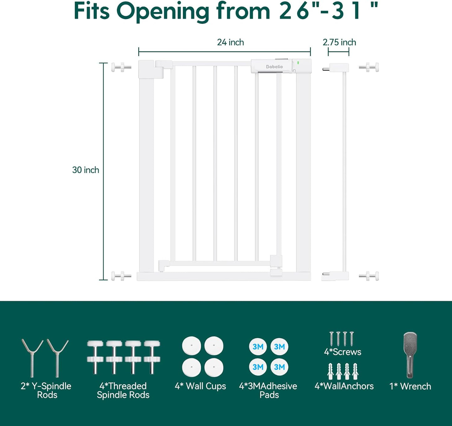 BABELIO Baby Gate for Doorways and Stairs, 26-31" Pet Gate with Wide Walk Thru Door and Lock Indicator, No Drill Pressure Mounted Safety Gate with Double Lock and Self-Closing, White