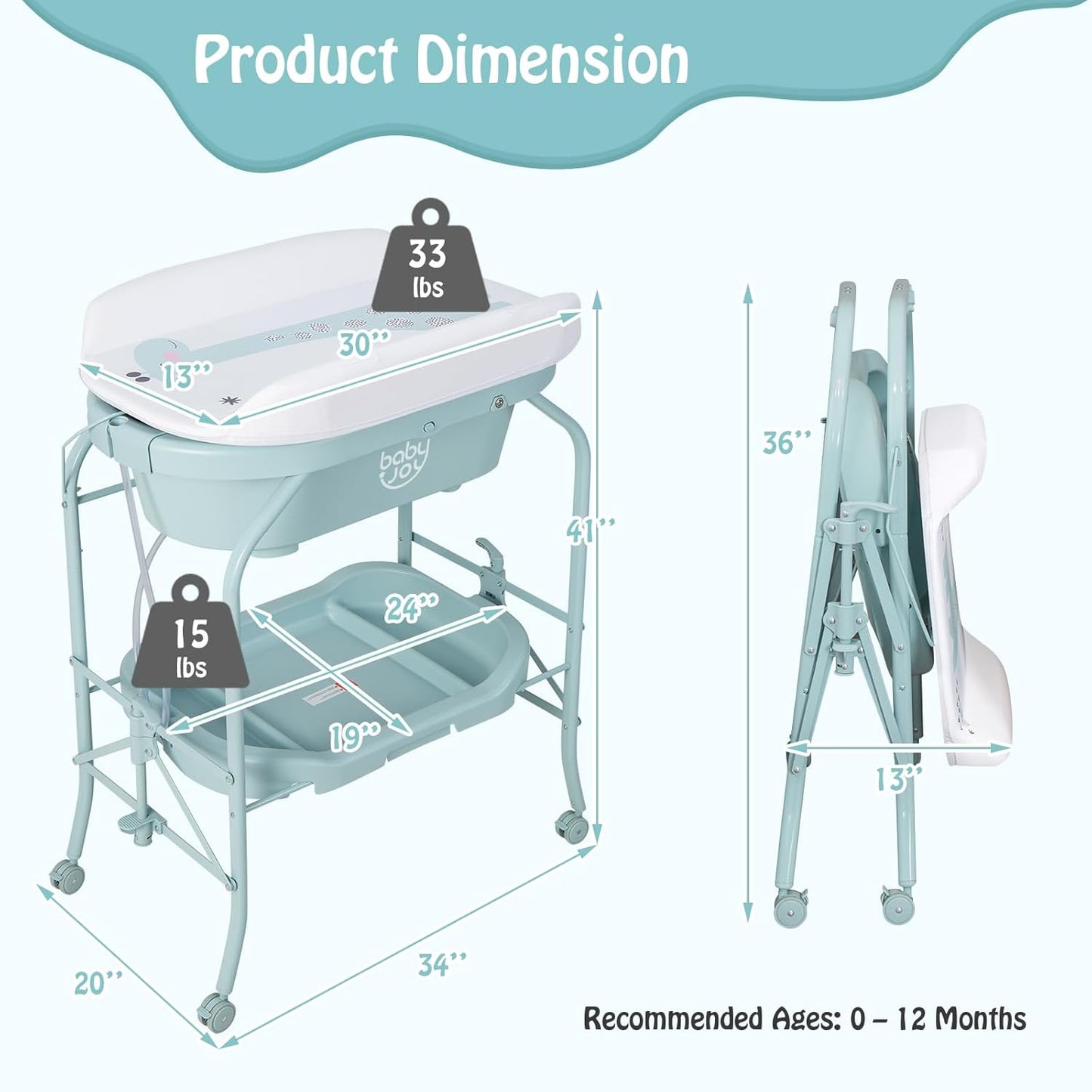 BABY JOY Baby Bathtub with Changing Table, Foldable Infant Diaper Changing Station with Storage Tray, Waterproof Pad, Portable Newborn Nursery Organizer Bath Stand with 4 Universal Wheels (Blue)