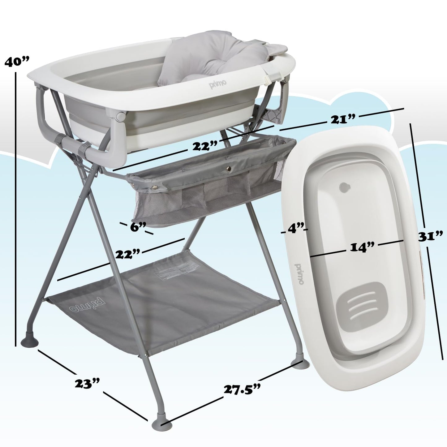 Primo SquishSplash Collapsible Baby Bath & Folding Stand With Ergonomic Infant Cushion for Newborns & Toddlers - Complete Bathing Station - Compact Space Saving Design, Ages 0-24 Months