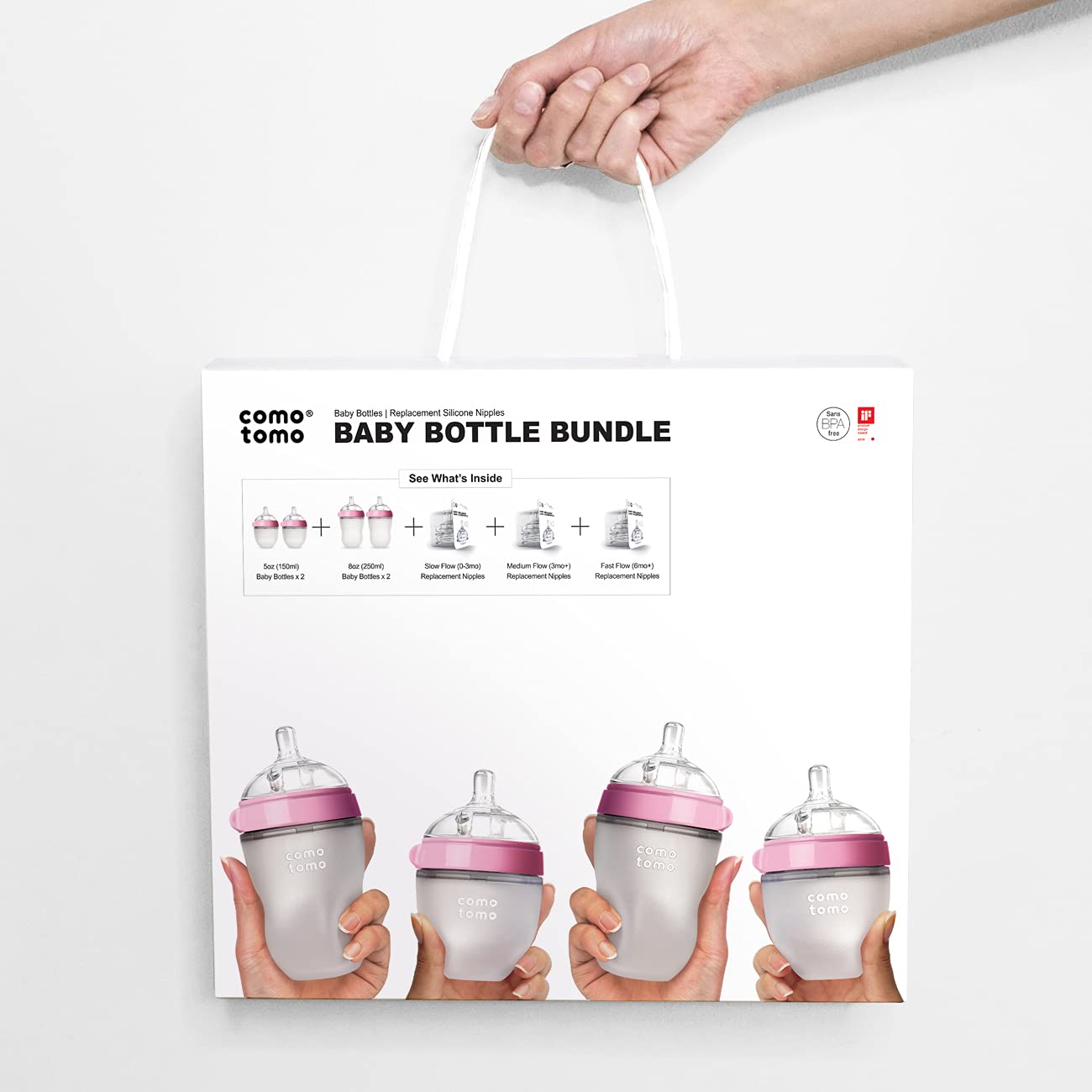 Comotomo Baby Bottle Bundle, Pink, (7 Piece Set)