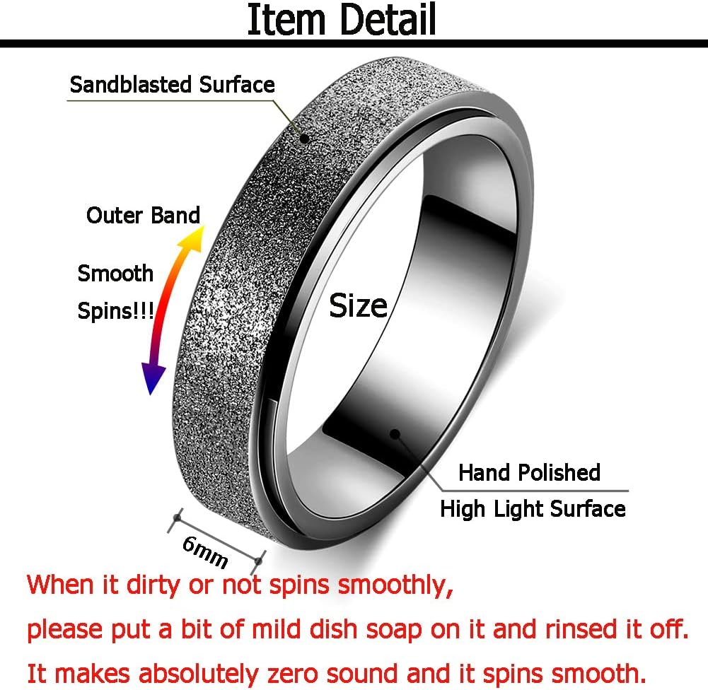 Anxiety Ring for Women Men, Titanium Stainless Steel Spinner Ring, 5 Colors, 6MM, Size 6-10, 3 Styles Anxiety Ring-Moon Star, Sandblasted Finished, Hollow Outer