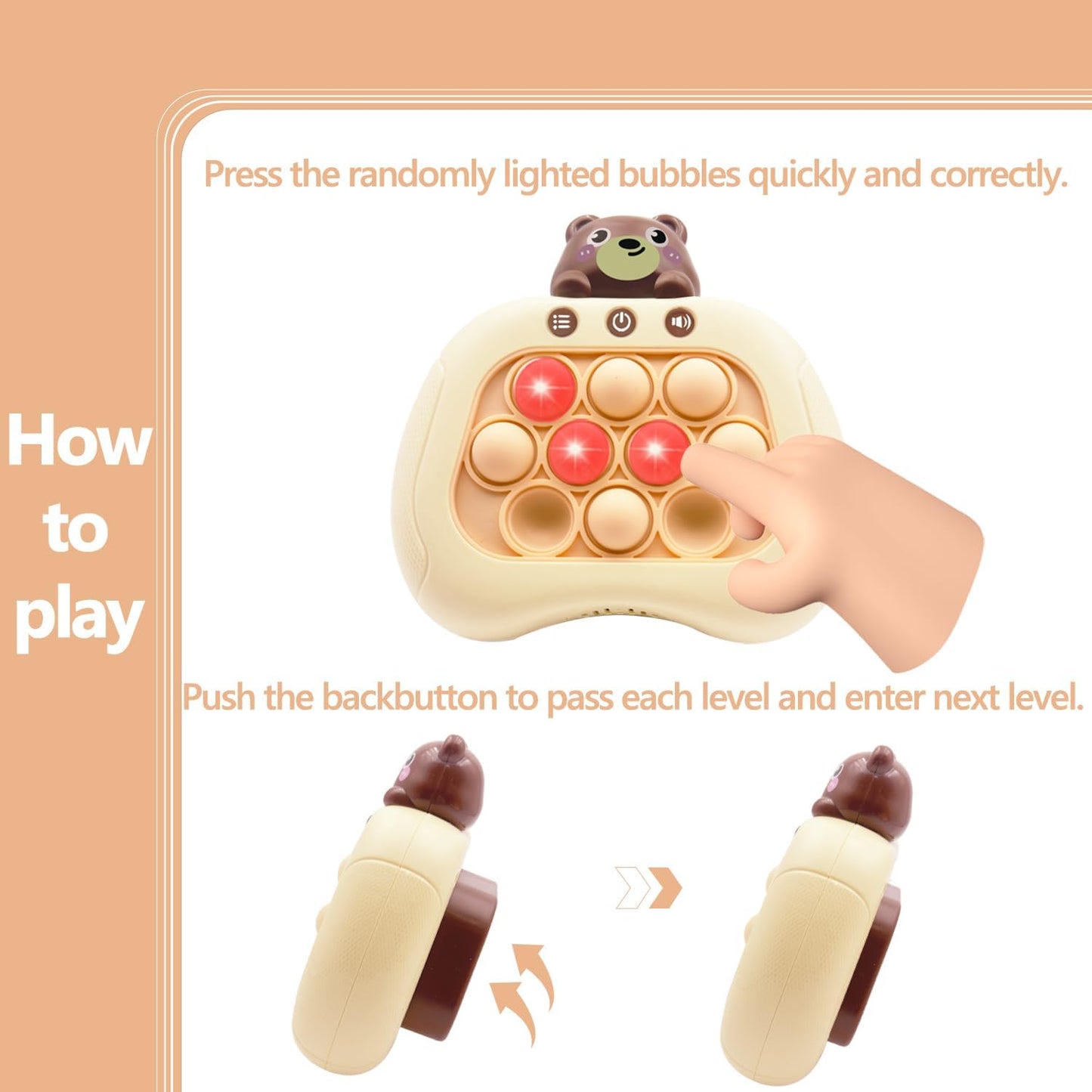 Quick Push Pop Game Fidget Toys Pro for Kids Adults, Handheld Puzzle Game Machine, Squeeze Poppet Sensory Fast Push Bubble Toy,Party Game,Birthday Gitfs Bear