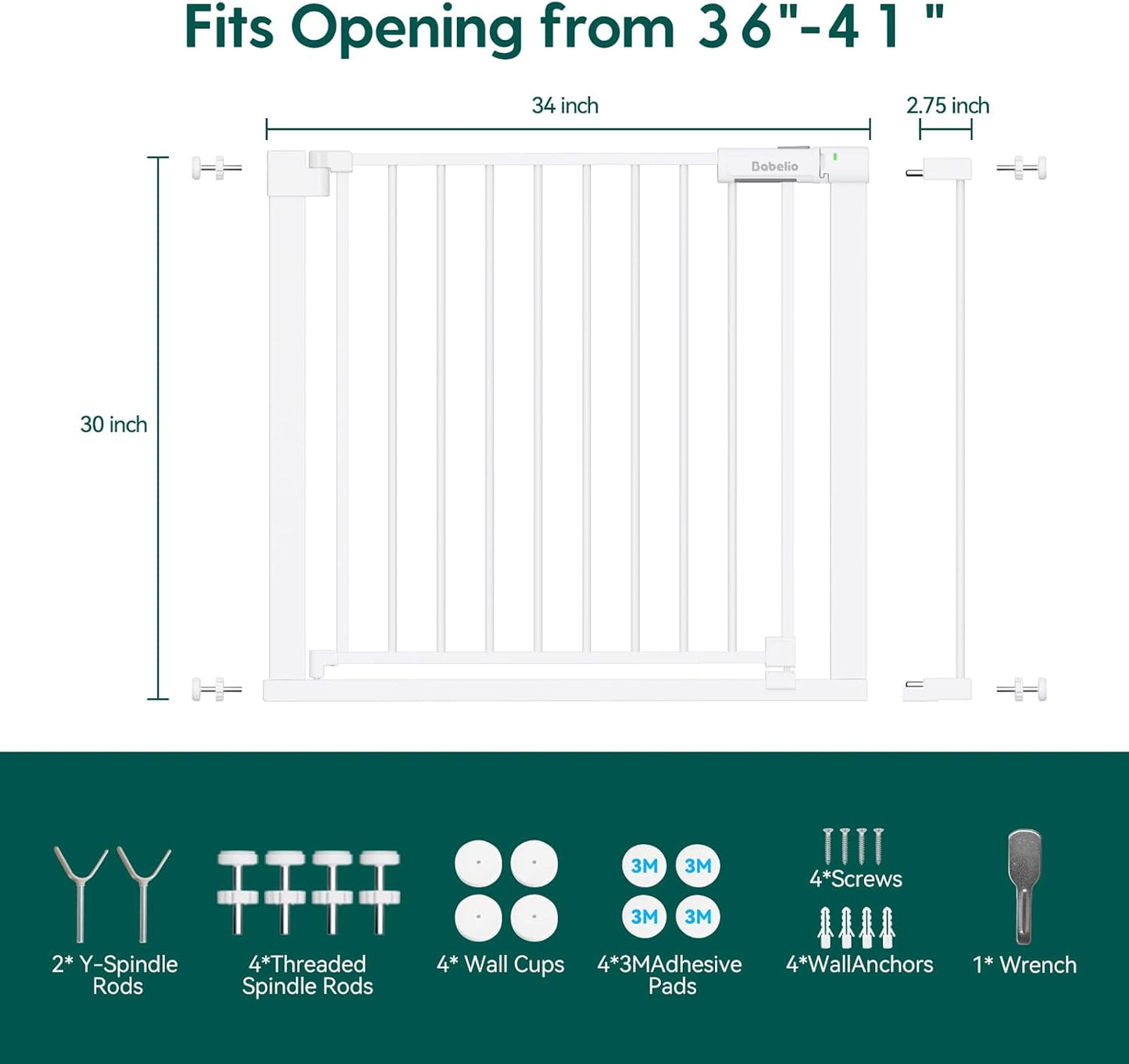 BABELIO Baby Gate for Doorways and Stairs, 36-41" Pet Gate with Wide Walk Thru Door and Lock Indicator, No Drill Pressure Mounted Safety Gate with Double Lock and Self-Closing, White