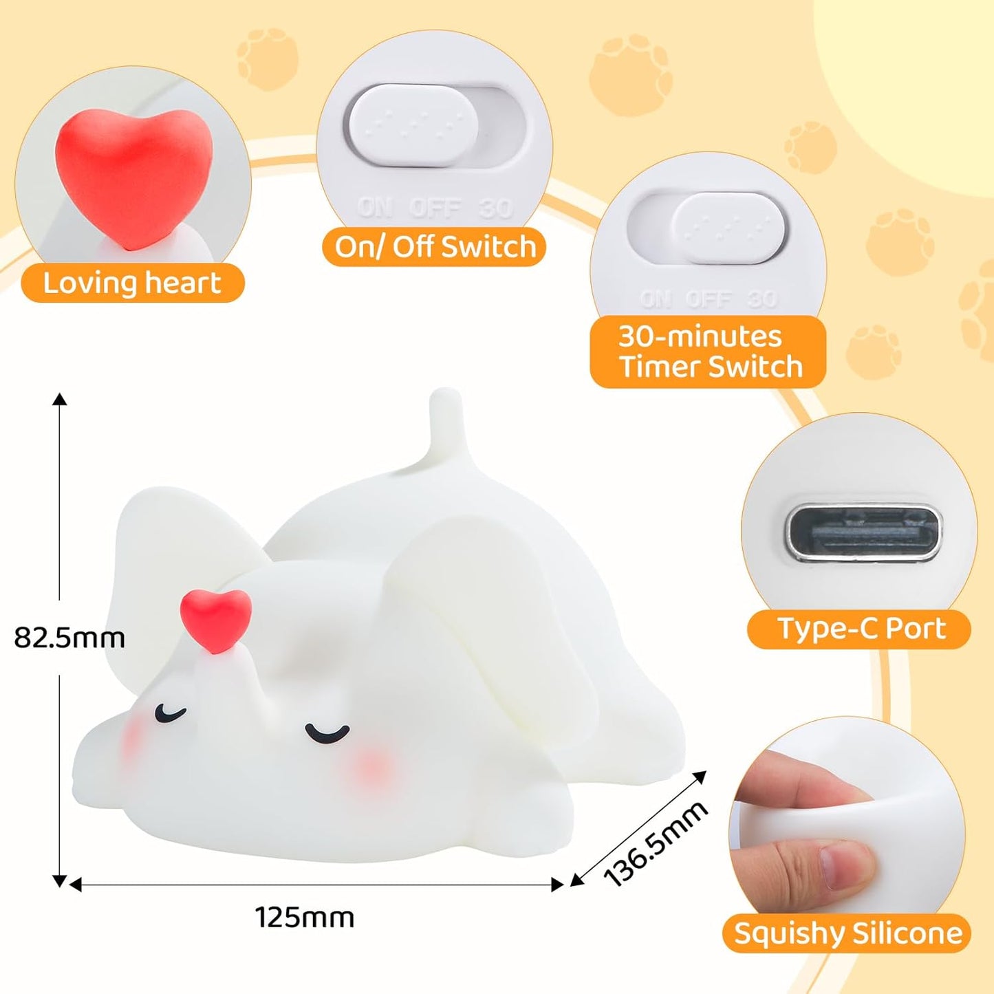 Luditek Sweet Heart Elephant Night Light, 3 Levels Brightness Silicone Rechargeable Touch Nursery Lamp, Decor for Bedroom Home Bedside, Elephant Gifts for Women Kids Baby Girls Birthday Mothers Day