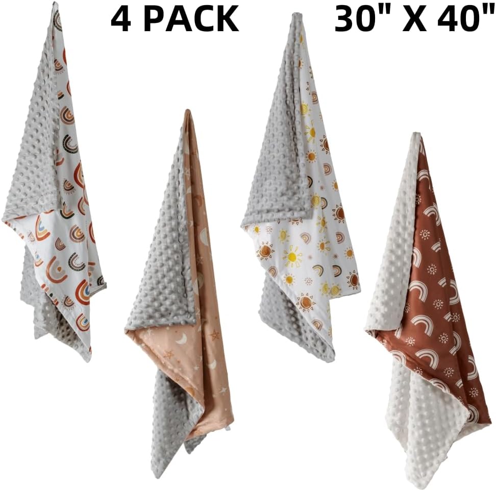 4 Pack Soft Boho Baby Blankets for Unisex Girls or Boys - Breathable Gender Neutral Nursery Double Layer Blankets with Dotted Backing and Boho Print for Newborn Toddlers