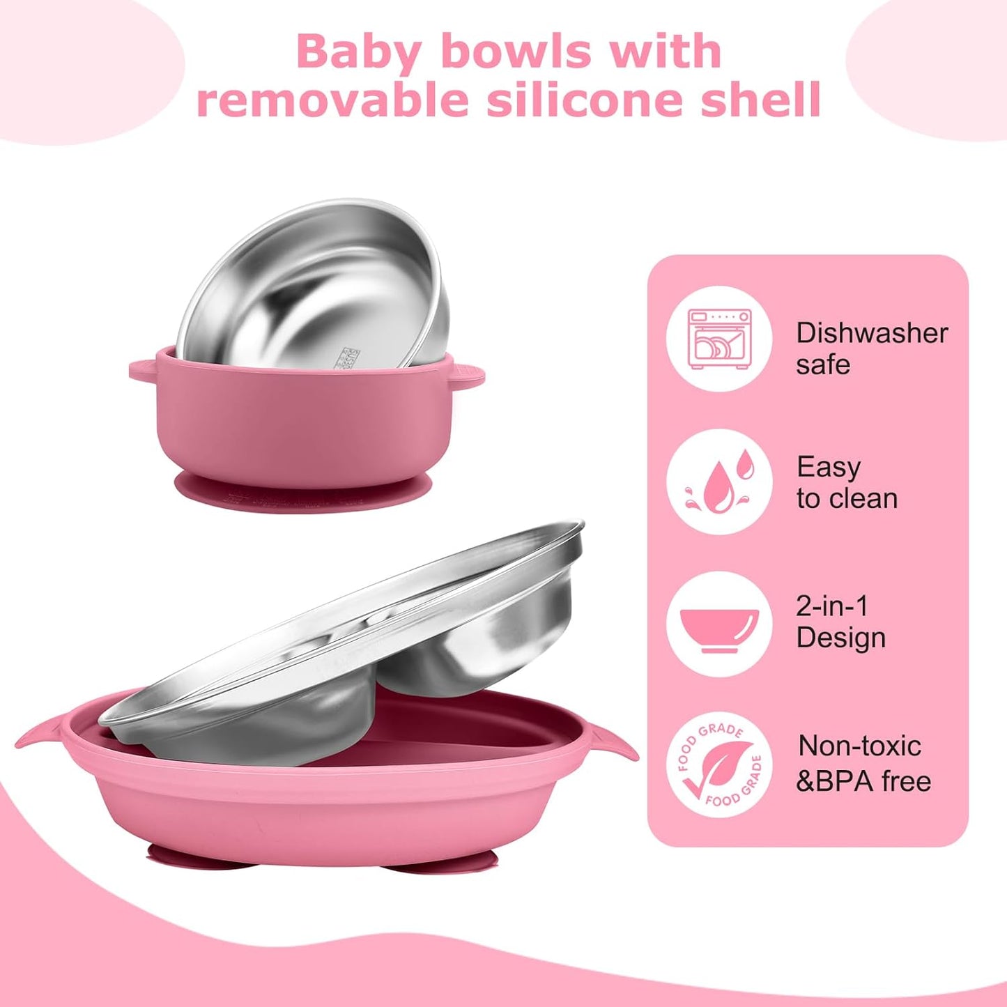 Stainless Steel Baby Plate and Bowl with Suction, Baby Bowl and Divided Kids Toddler Plate with Removable Silicone Shell, Non-Slip Toddler Baby Feeding Set, Forks + Spoons Included-Rose red