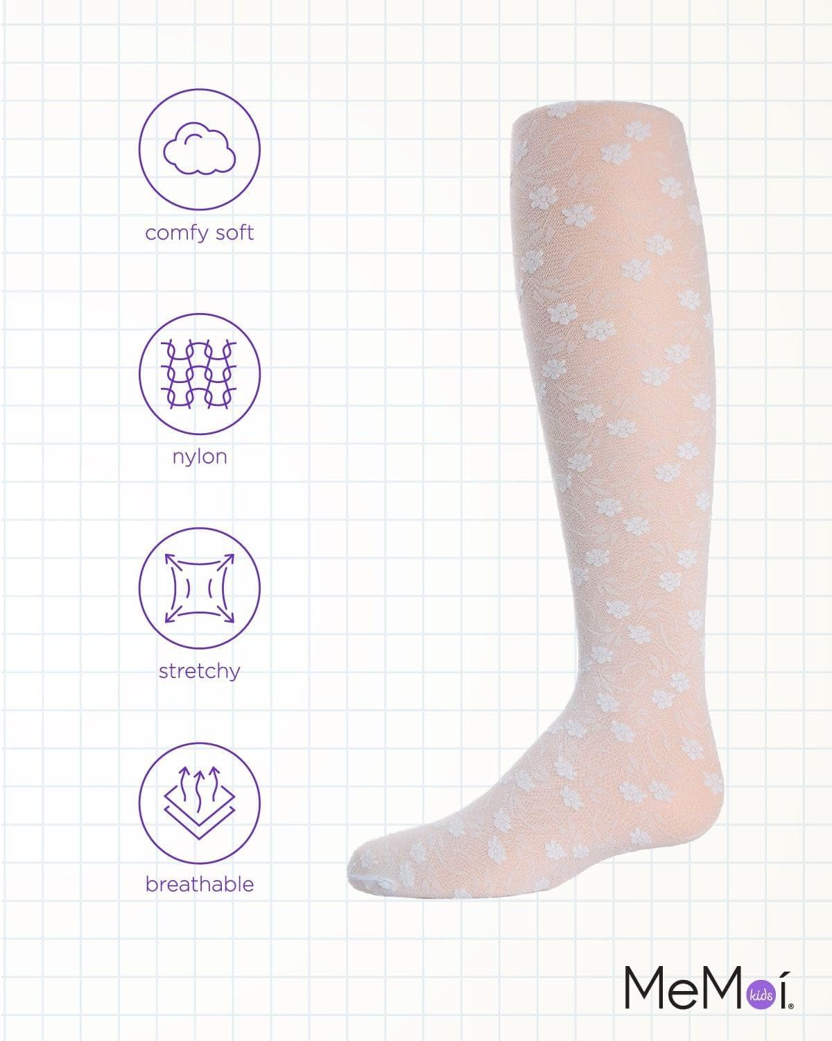 MeMoi Sweet Blossoms Sheer Tights for Girls, Ultra Soft and Lightweight Floral Lace Girls Tights - Sizes 2-14