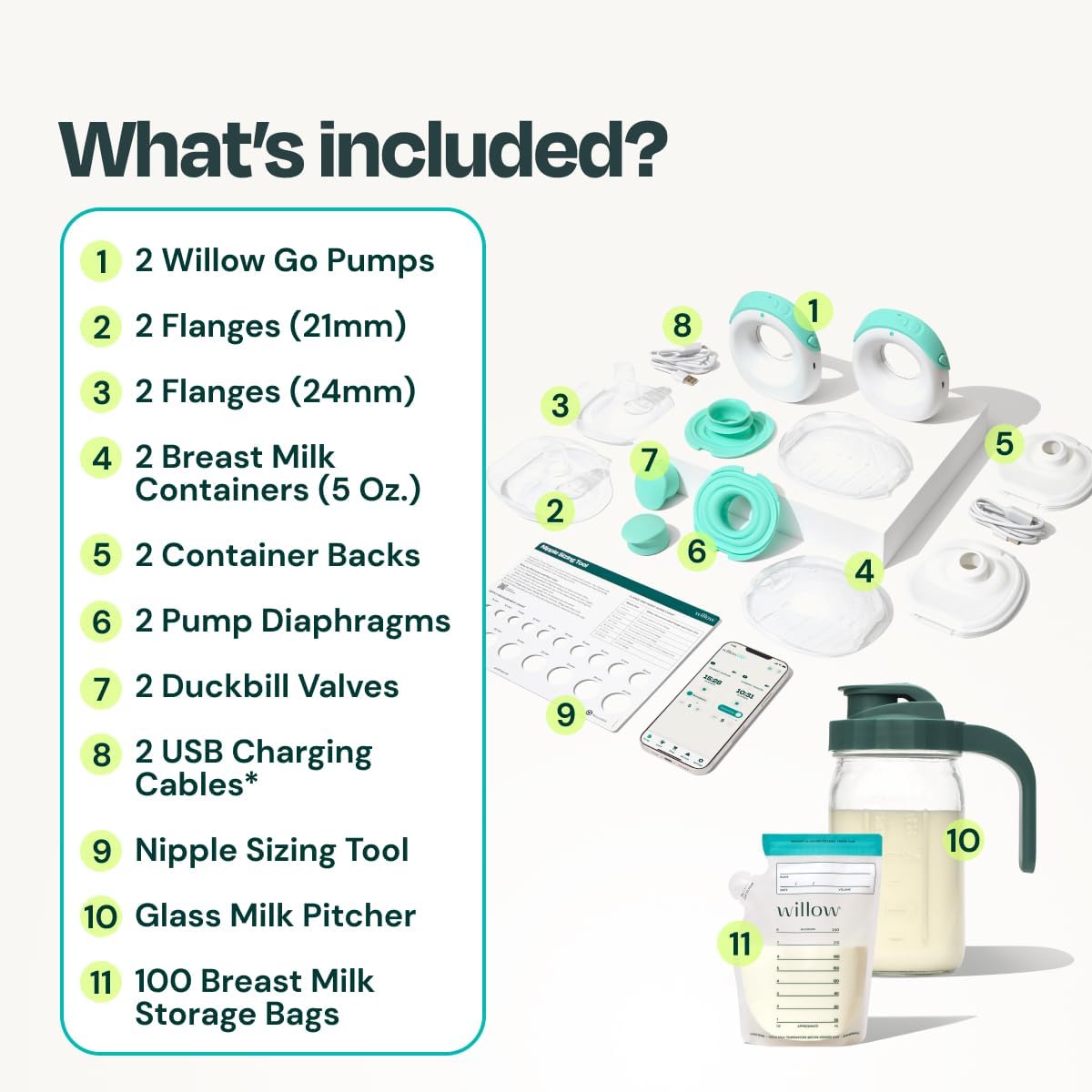 Willow - Go Double Hands Free Breast Pump w/Milk Bags and Glass Milk Pitcher Bundle