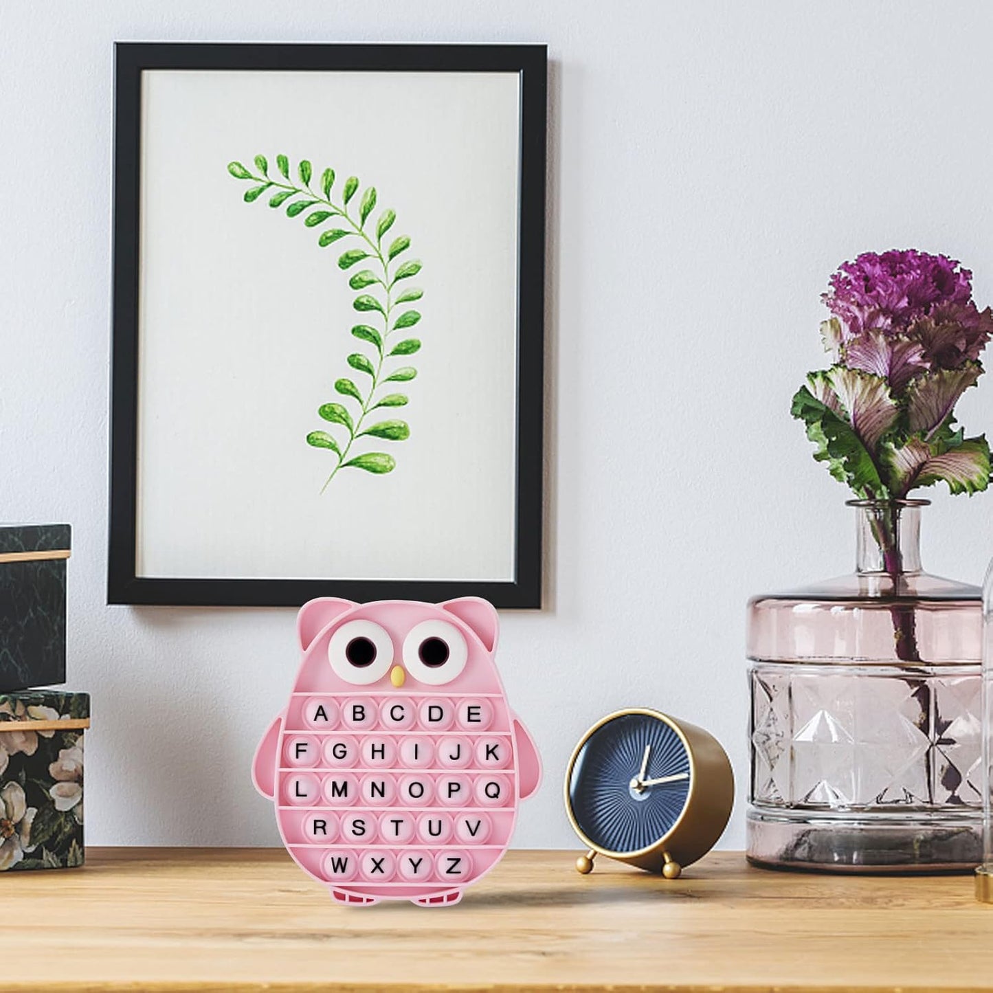 Push Pop Bubble Fidget Sensory Toy, Silicone Stress Relief Popping Toy, ABC Alphabet Owl Shaped Educational Learning Tools for Toddlers Kids Students (Black Letters-Pink)