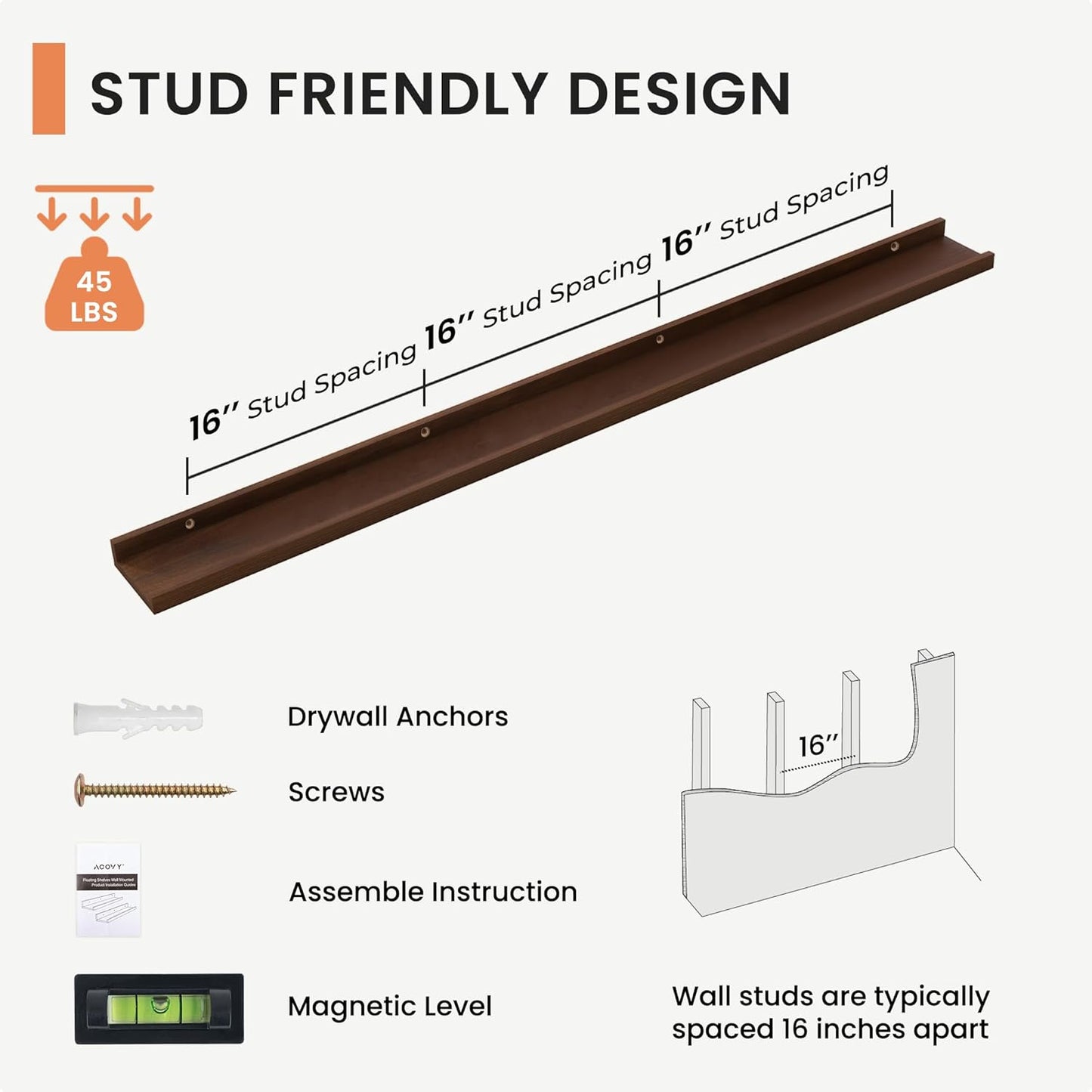 Solid Ash Wood Picture Ledge Shelf, Floating Shelves Set of 2, 56 Inch Long Large Ledge Shelves, Nursery Book Shelves Wall Mounted for Living Room Bedroom Kitchen Decor Kids Bookshelf, Walnut