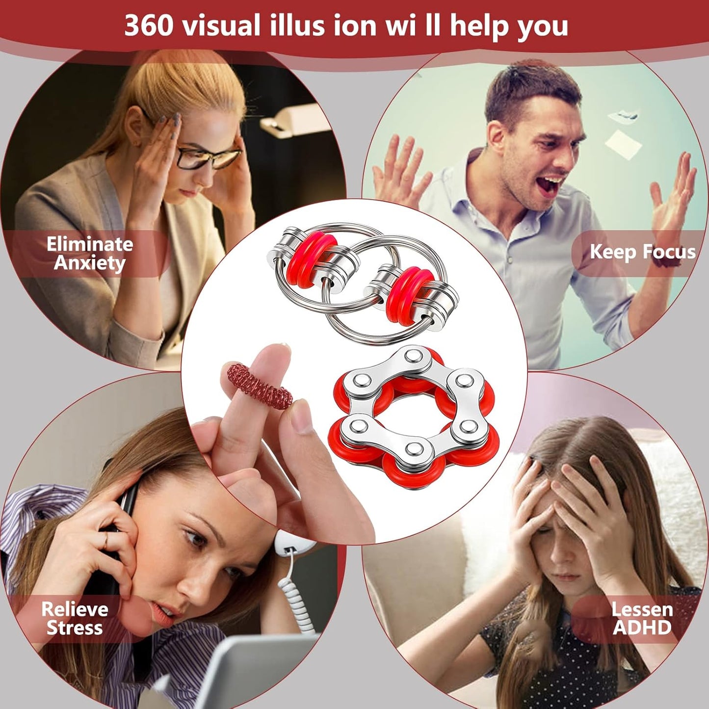 Marble Mesh Fidget Toys Set - 8 Pcs Sensory Fidget Toys for Adults Anti Stress Flippy Bike Chain Acupressure Rings Metal Fidget Toys for Teens Boys &Girls ADHD Christmas Toys Stocking Stuffers