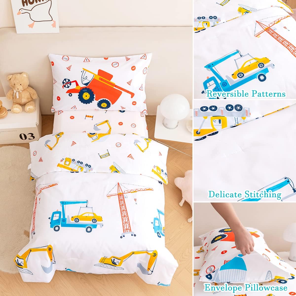 PERFEMET 4 Pieces Construction Toddler Bedding Set Excavator Truck Boy Toddler Bed in A Bag Colorful Reversible Cartoon Tractors White Crib Comforter Set for All Seasons(White, Truck/Tractor)