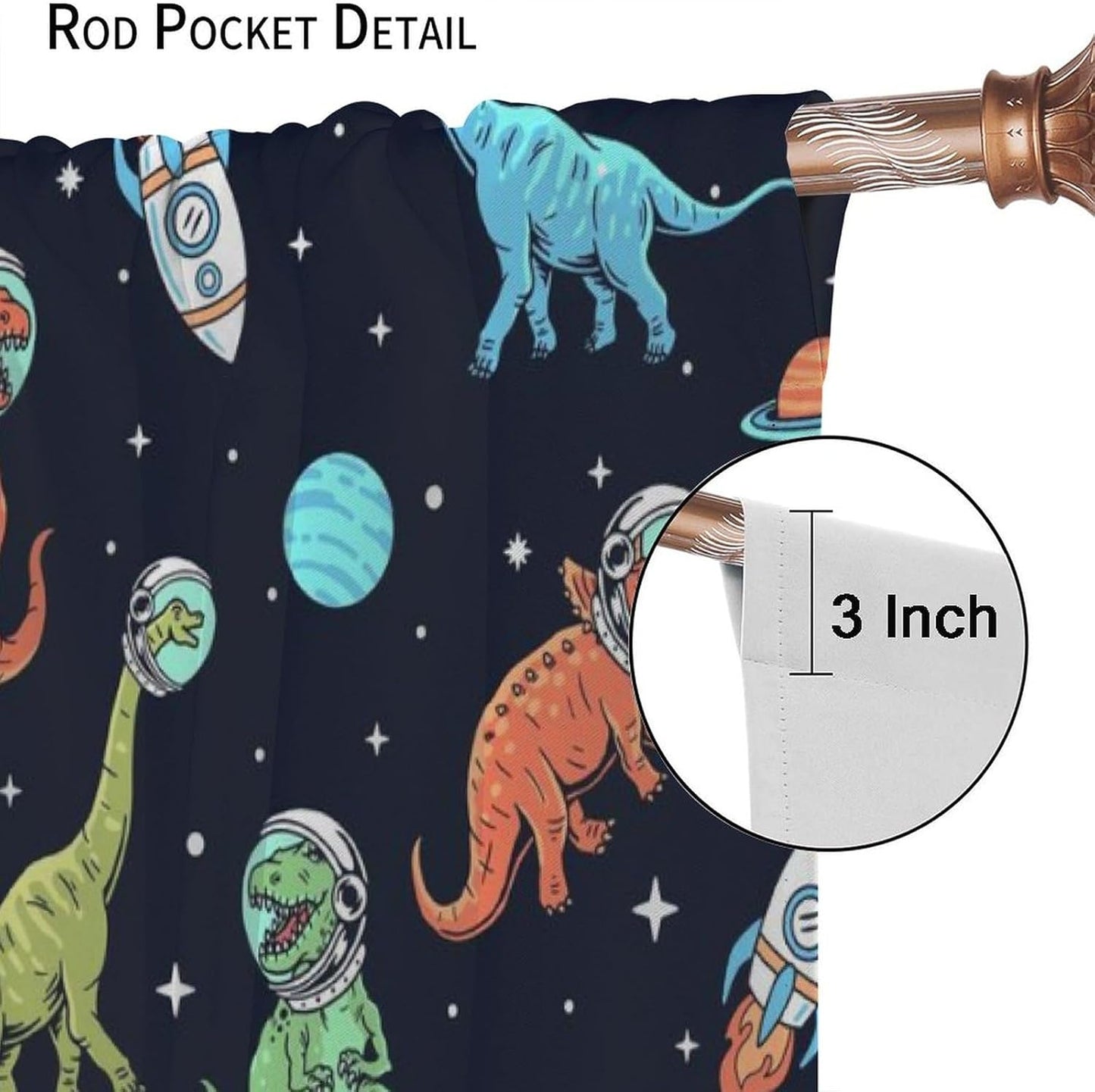 Cartoon Dinosaur Curtains for Kids Boys Girls Home Decor, Astronaut Rocket Funny Outer Space Blackout Rod Pocket Window Drapes for Bedroom Living Room W21xL63in 2 Panels