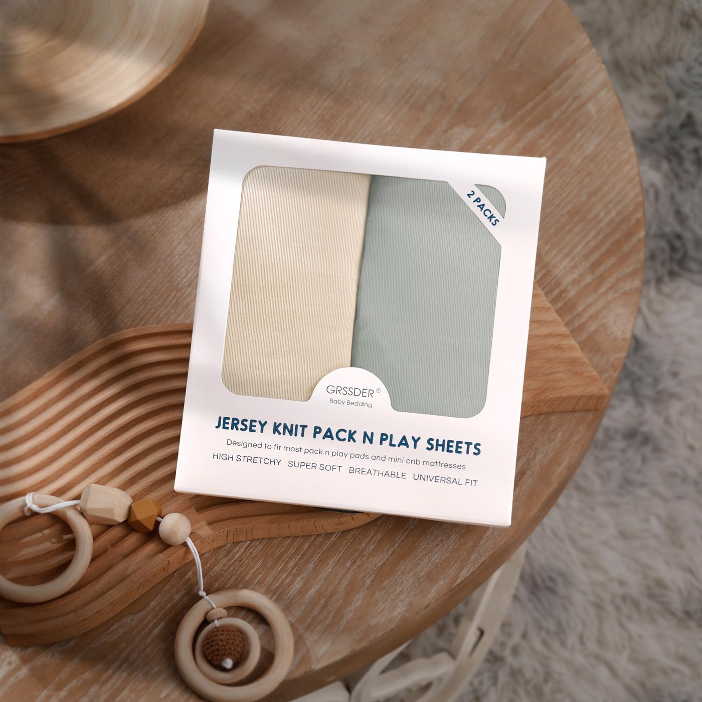 GRSSDER Mini Crib Sheets Fitted, Pack and Play Sheets 2 Pack, Ultra Soft Stretchy Pack N Play Sheets, Universal Fit for Playard Mattress, Jersey Crib Sheets Neutral for Boys and Girls, Beige/Gray