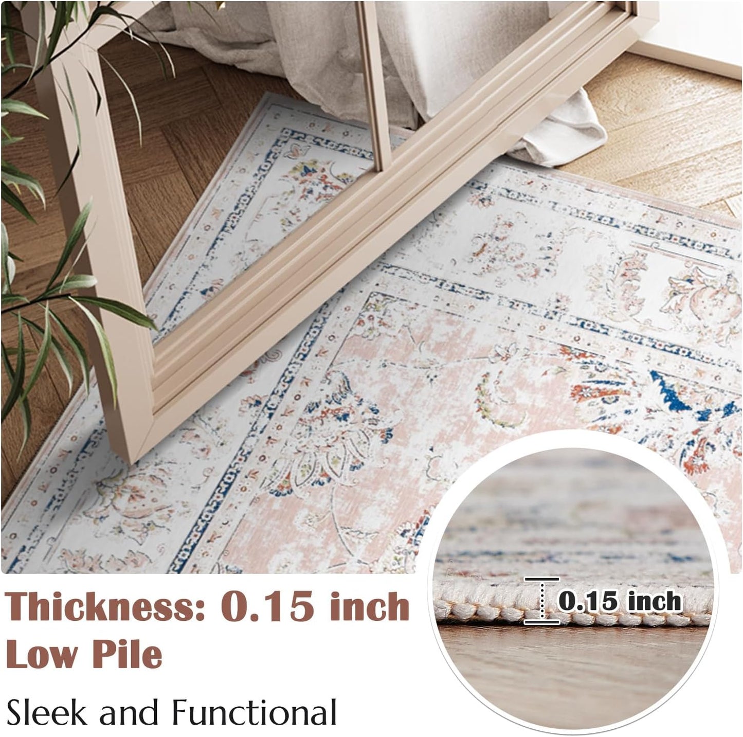 jinchan Long Hallway Runner Rug 2x12 Machine Washable Runner Rug Pink Vintage Floral Design Non-Slip Ultra-Thin for Kitchen Laundry Room Bedroom Farmhouse (2‘x12',Pink)