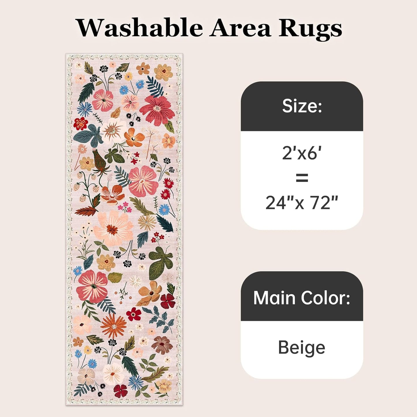 2x6 Runner Rugs for Hallways Non Slip with Rubber Backing Stain Resistant Area Rug Washable Beige Boho Floral Ultra-Thin Carpet Rugs Indoor for Entryway Kitchen Bedroom Laundry Bathroom Stairwell