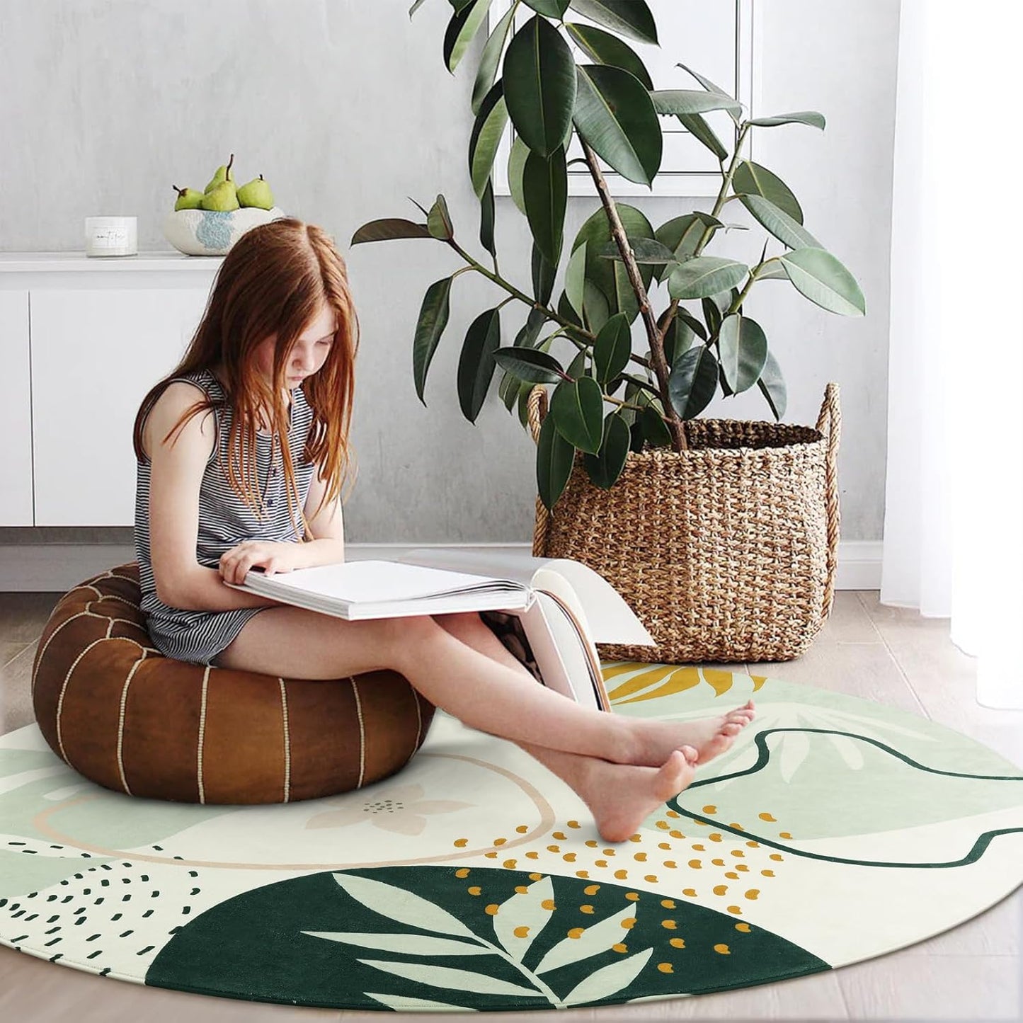 Lahome Boho Round Rugs - 4Ft Washable Non-Slip Small Round Area Rug Throw Soft Cute Round Nursery Rug Non-Shed Lightweight Bathroom Rug, Green Botanical Print Circle Rug for Bedroom Dorm Kids Room