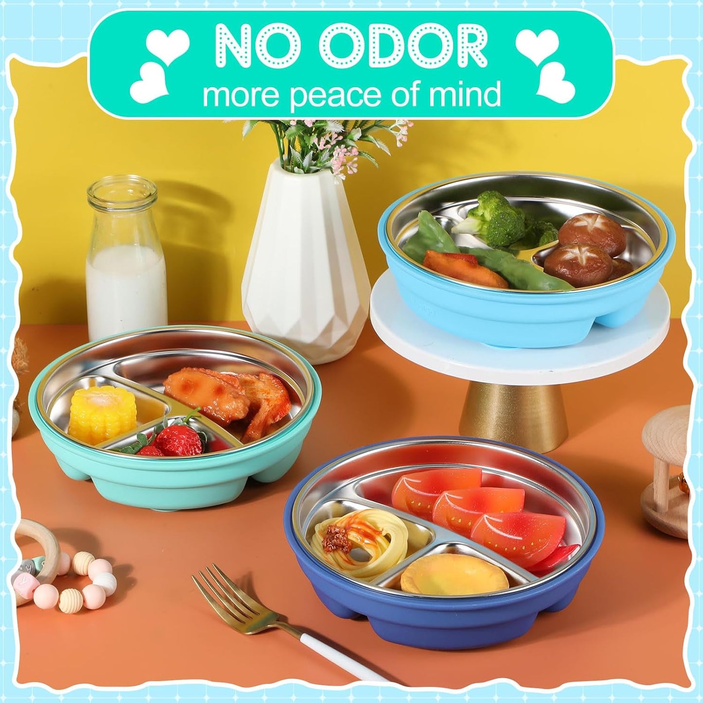 Nuogo 3 Pcs Stainless Steel Baby Suction Plates with Removable Silicone Shell 2-in-1 Metal Toddler Bowl Divided for Picky Eaters Kid Feeding Led Weaning Supply, Dishwasher Safe (Blue Series)