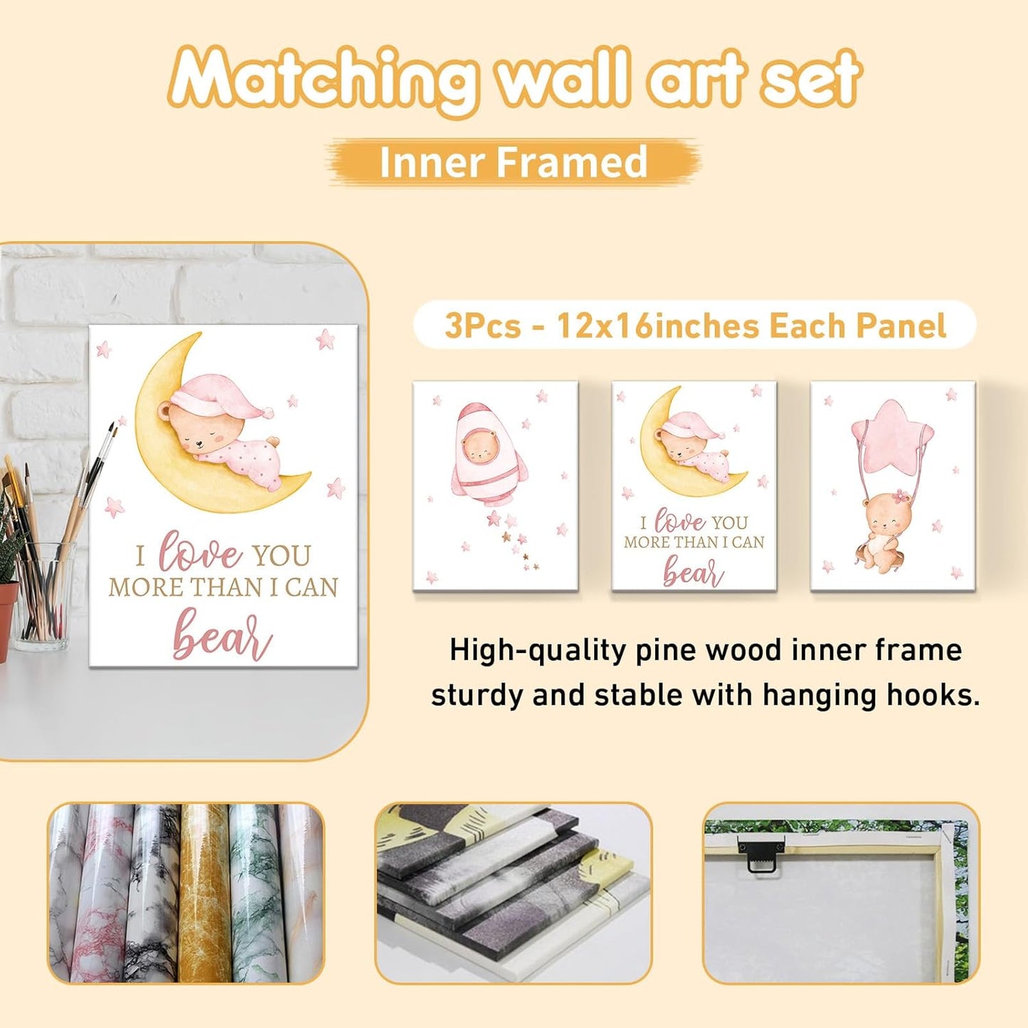 Custom Crib Bedding Set, 5 Pcs Customized Baby Crib Set with Name, Soft Double Layer Nursery Baby Bedding Set for Girls Boys, Personalized for Infants Toddlers, Pink Moon Bear