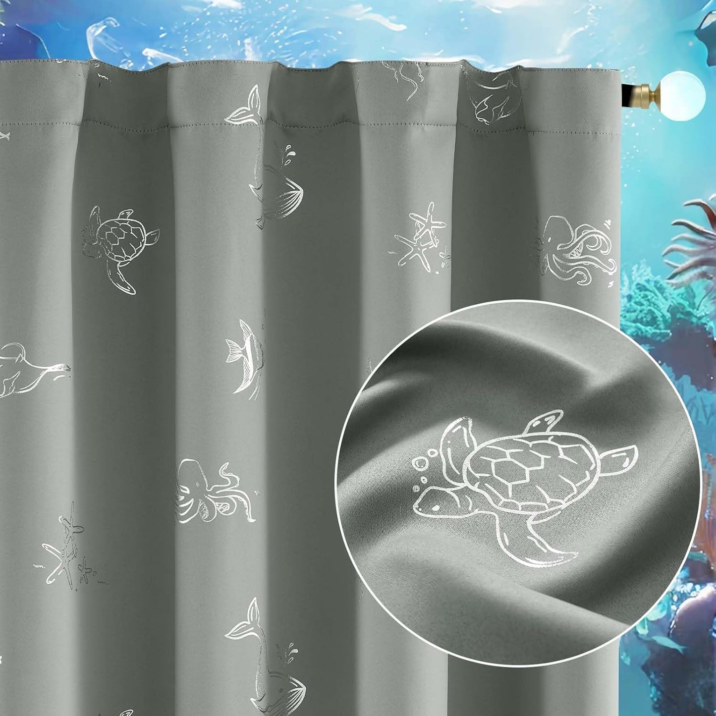 Vangao Kids Curtains for Boys Bedroom Kids Blackout Curtains 63 Inch Length Ocean Aquarium Nursery Drapes for Girls Bedroom Silver Sea Animals Print Thermal Insulated Drapes, Grey 2 Panels