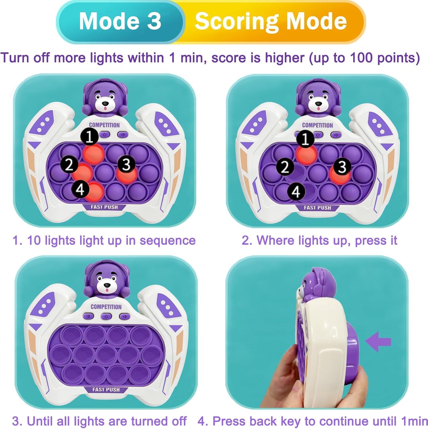 Pop Quick Push Game Console Fidget Toys Light Up Handheld Puzzle Press Popping Toy for Kids Adult Purple Bear