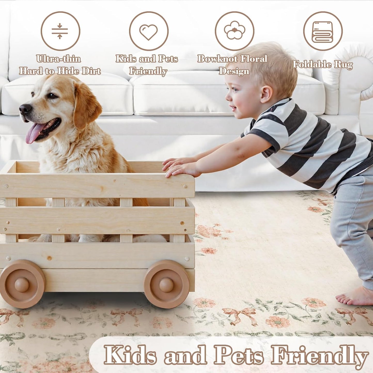 Wonnitar Floral Bow Print Washable 8x10 Rug, Beige Rugs for Living Room, Boho Non Slip Ultra-Thin Soft Neutral Carpet for Nursey Kids Room Dorm Living Room, Beige