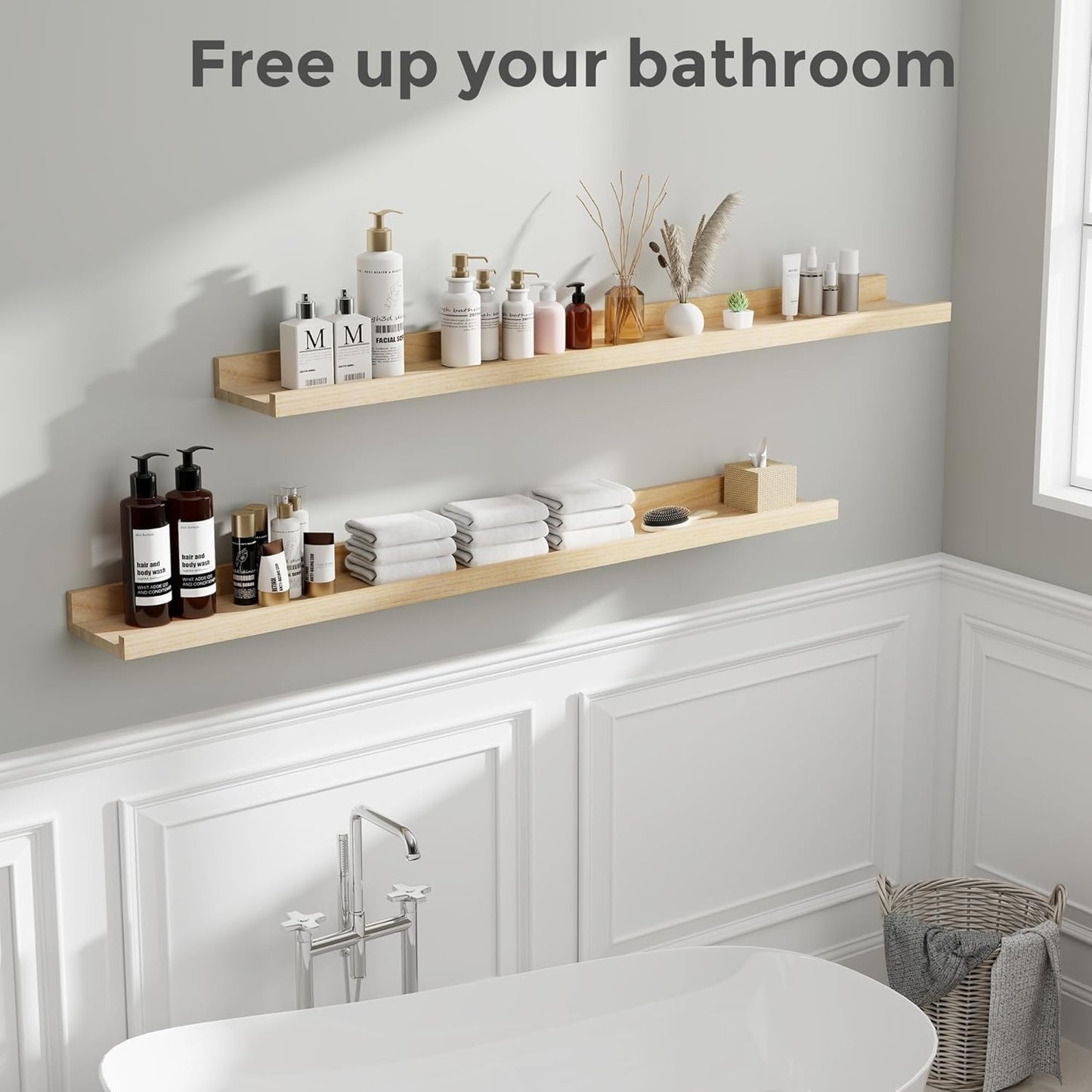 Picture Ledge Shelf, Floating Shelves Set of 2, 48 Inches Long Large Nursery Book Shelves for Toys Storage, Kids Bookshelf Wall Mounted for Living Room Bedroom Decor Books Photo Frames, Natural