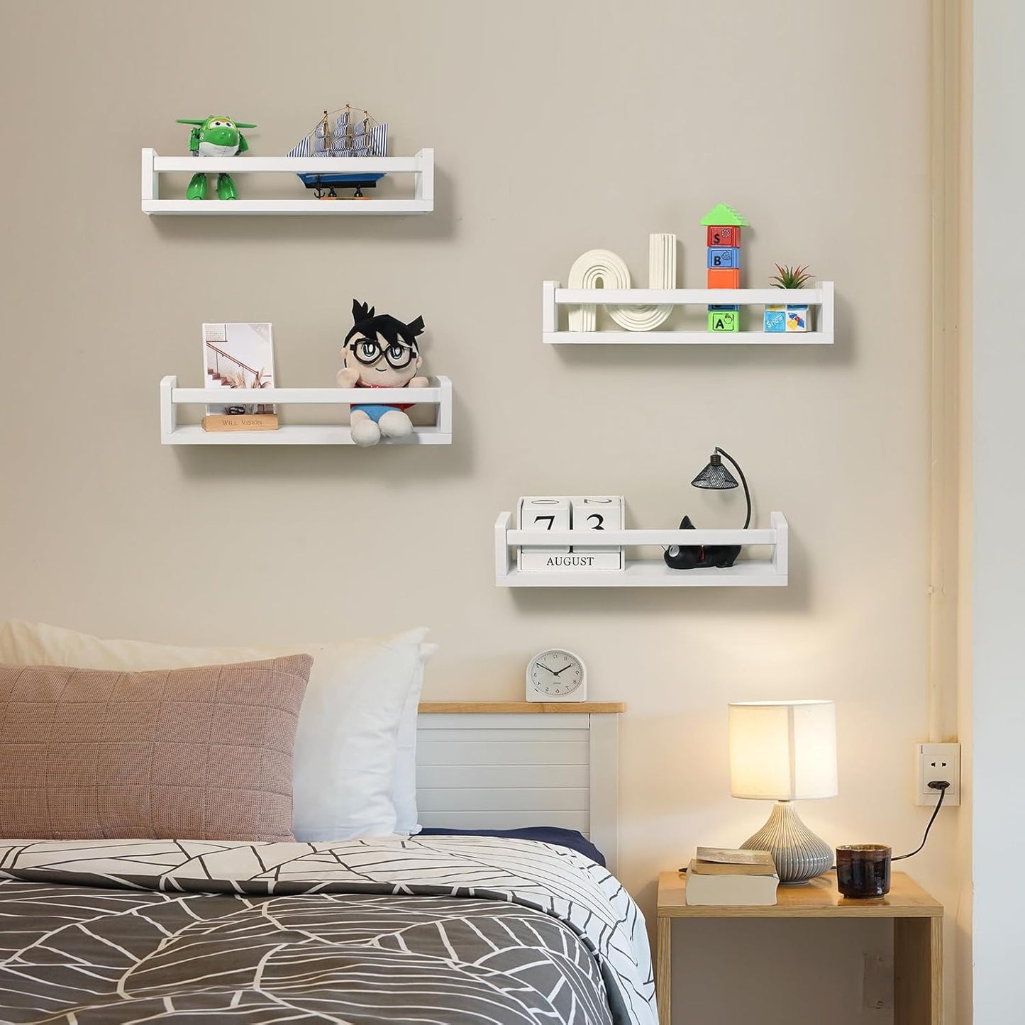 Nursery Room Shelves Set of 4, Wood Floating Book Shelves for Kids Room, Baby Book Shelf for Nursery, Kitchen Spice Rack (Classic White)