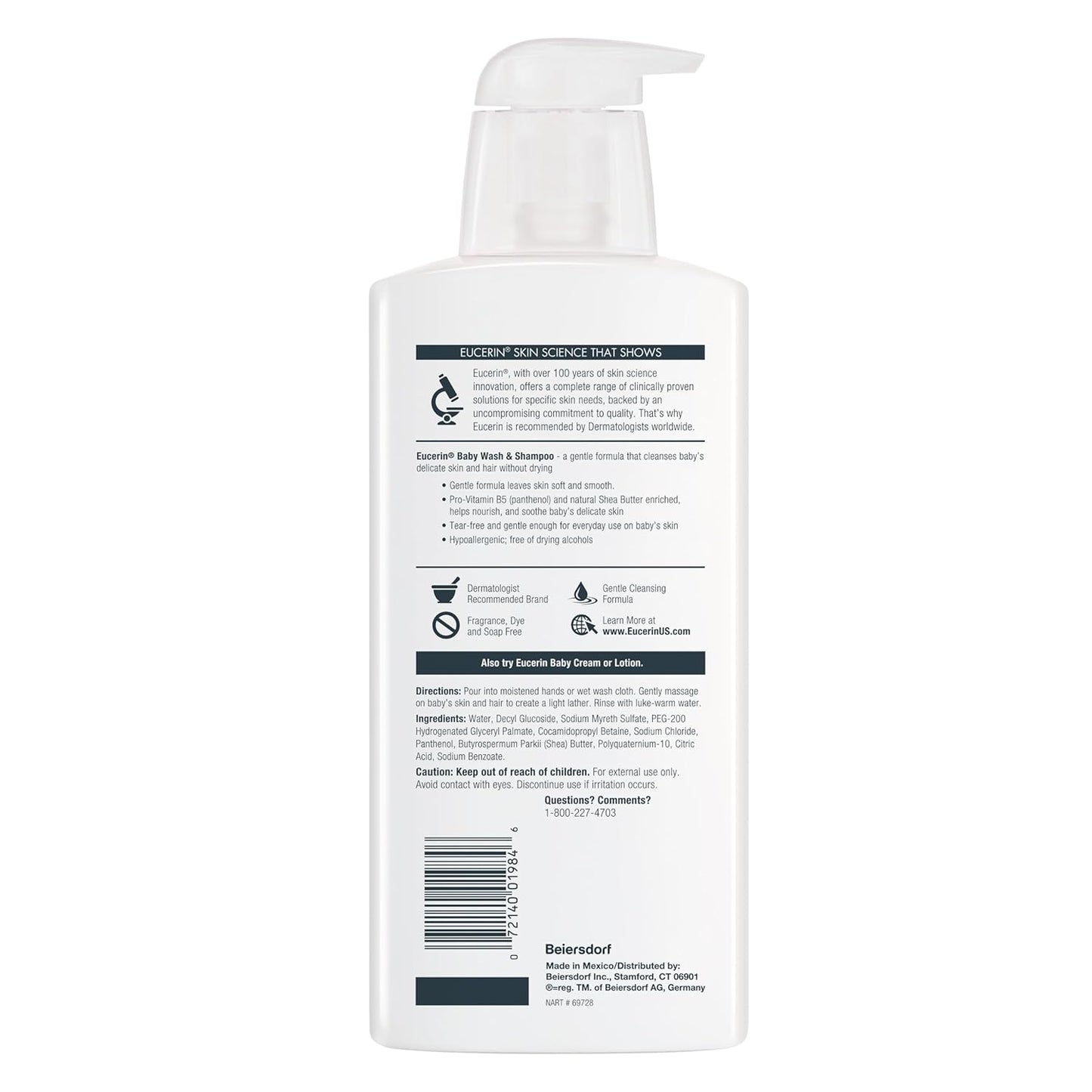 Eucerin Baby Unscented Baby Shampoo and Body Wash, Tear Free Shampoo and Wash, 13.5 Fl Oz Pump Bottle, Pack of 3