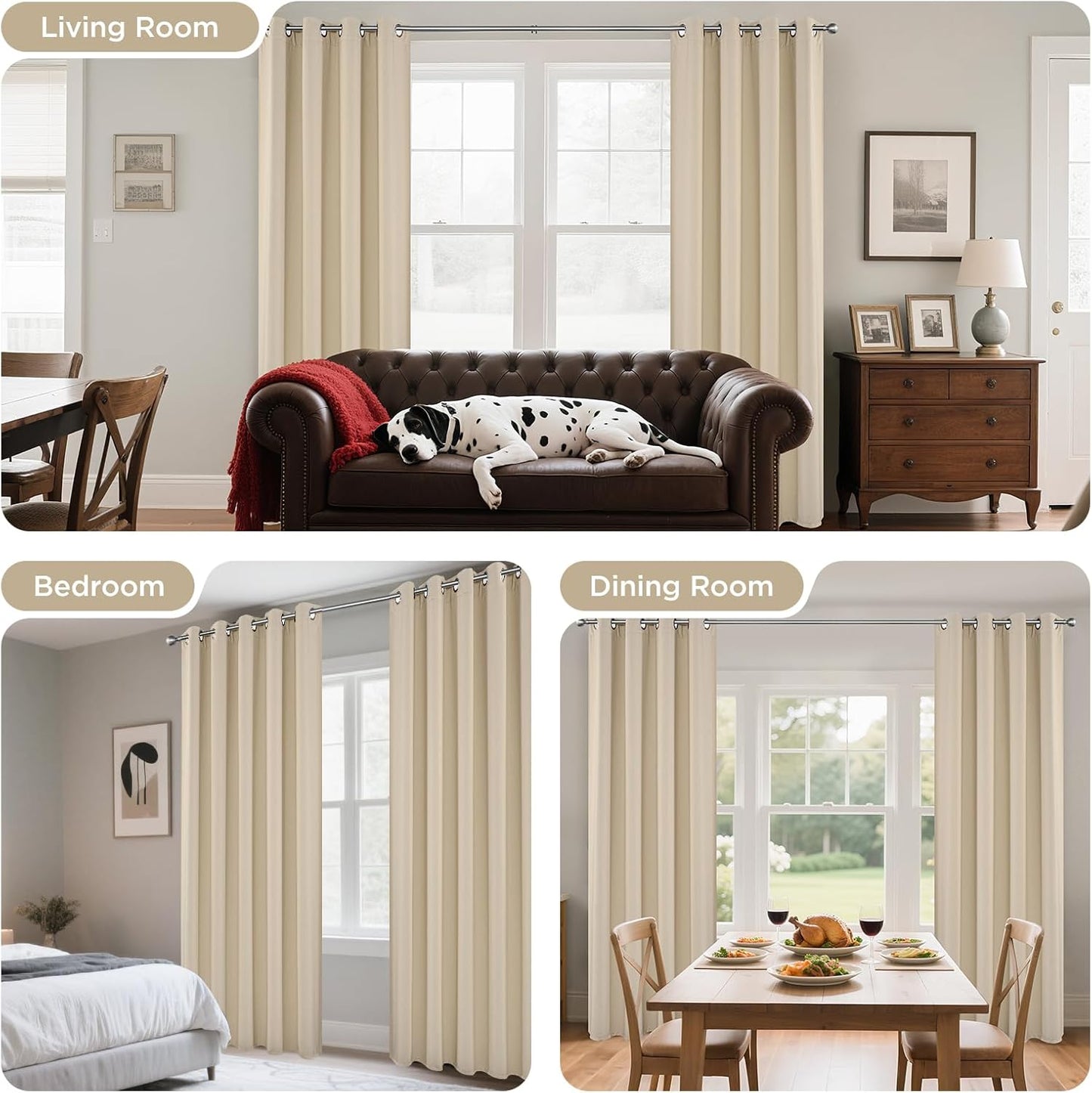 Joydeco Blackout Curtains 72 Inch Length 2 Panels Set, Thermal Insulated Long Curtains& Drapes 2 Burg, Room Darkening Grommet Drapes for Living Room Bedroom Window (W52 x L72 Inch, Light Beige)