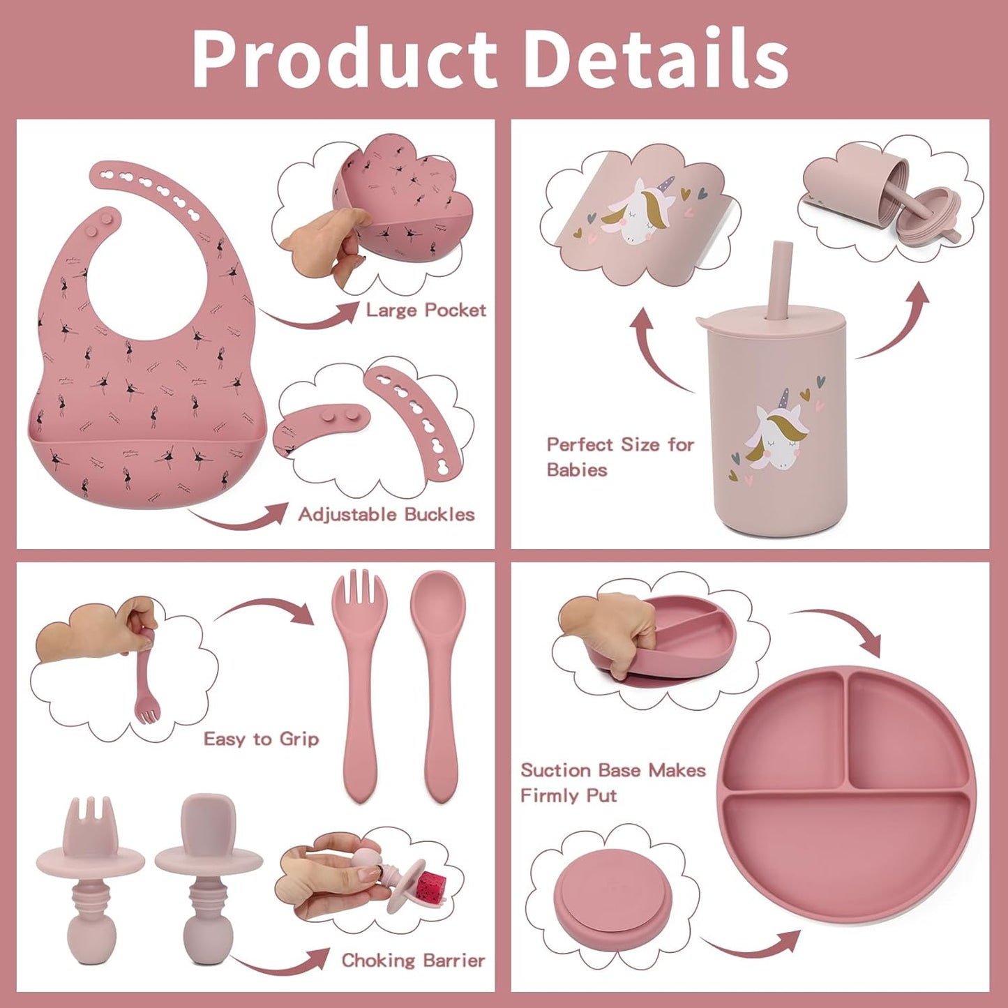 Silicone Baby Feeding Set, Baby Led Weaning Supplies, Baby Spoons Suction Divided Plate Bib Cup, First Stage Solid Food Eating Utensils - 6+ Months(Pink-Red)