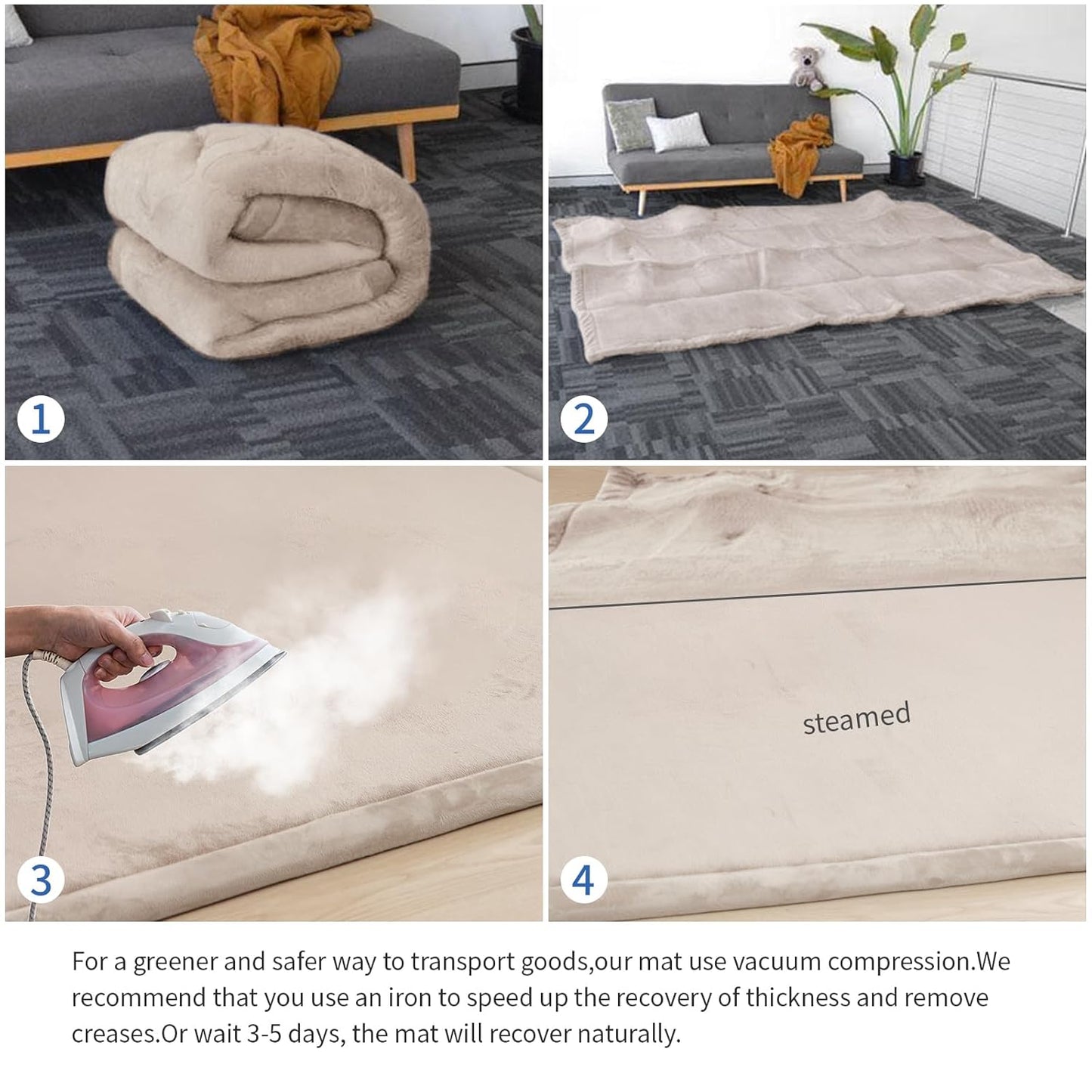 Baby Play Mat for Floor,1.3" Thick Memory foam Tummy Time Mat,79"×158“ Extra Large Soft Coral Velvet Nursery Rug,Non Slip Safe for Crawling,Toddlers,Infants,kids,Tatami Style for Living Room(Beige)