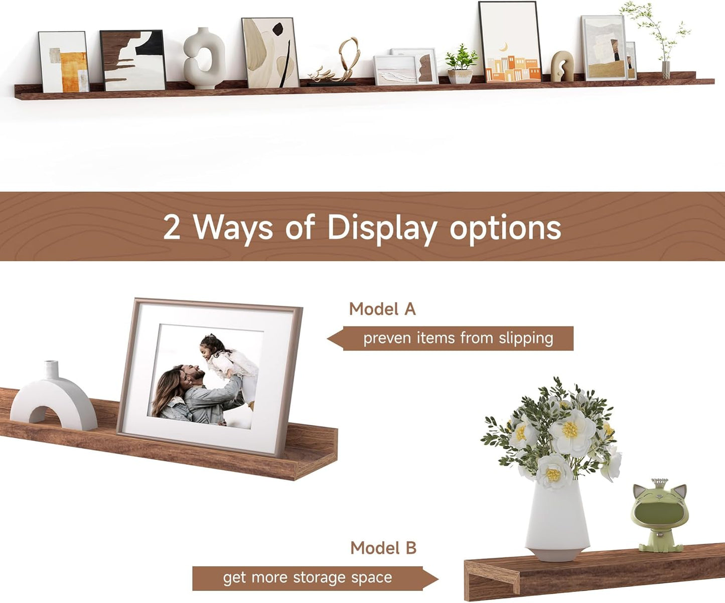 Floating Picture Ledge Shelves for Wall Set of 2, 95 Inches Picture Ledge Shelf with Long Large Nursery Book Shelf for Toys Storage Kids Bookshelf Wall Mounted Living Room Bedroom Decor Frames, Walnut