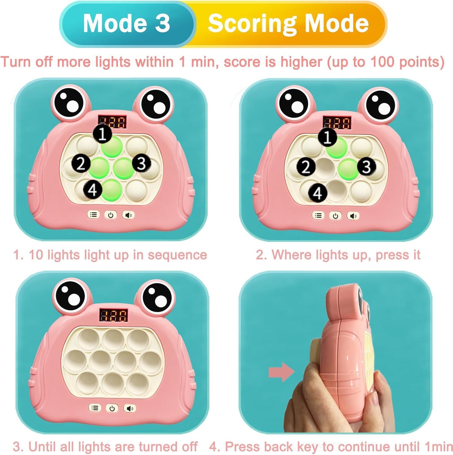 Pop Quick Push Game Light Up Fidget Toys Handheld Puzzle Press Popping Game Console for Kids Ages 3+ Adult Pink Frog