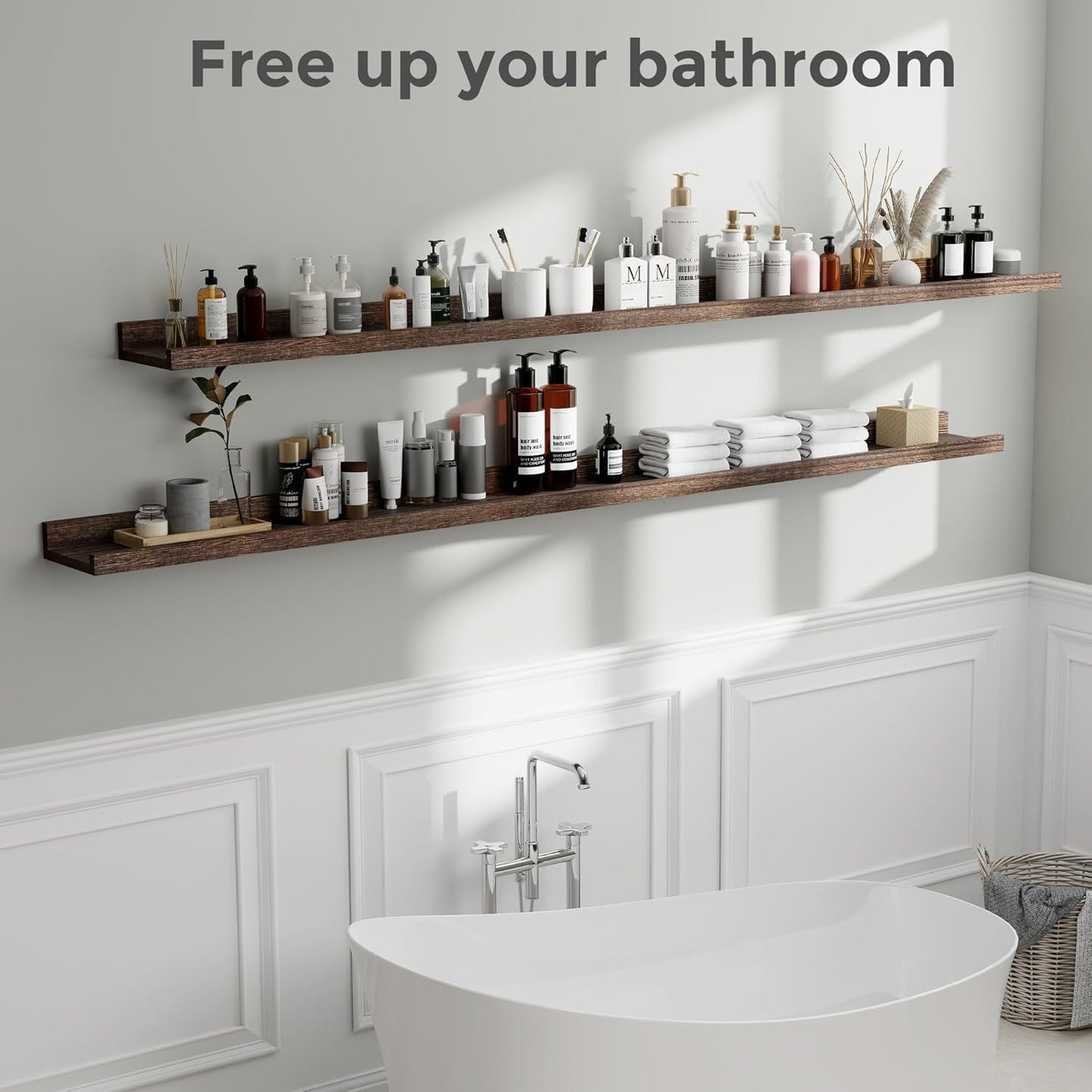 Fun Memories Long Floating Shelves for Wall 72 Inch, Natural Wood Long Picture Shelves Photo Shelf with Ledge Set of 2, Rustic Floating Shelf with Lip for Home Storage