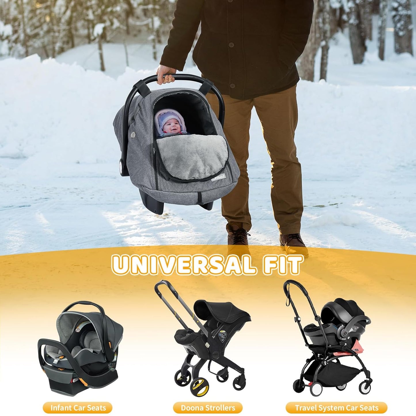 Orzbow Baby Car Seat Cover, Winter Carseat Cover with Zipper Access, Weather & Wind Proof, Side Breathable, Compatible with Doona Car Seats and Strollers, Newborn Essentials Carrier Canopy, Light Grey