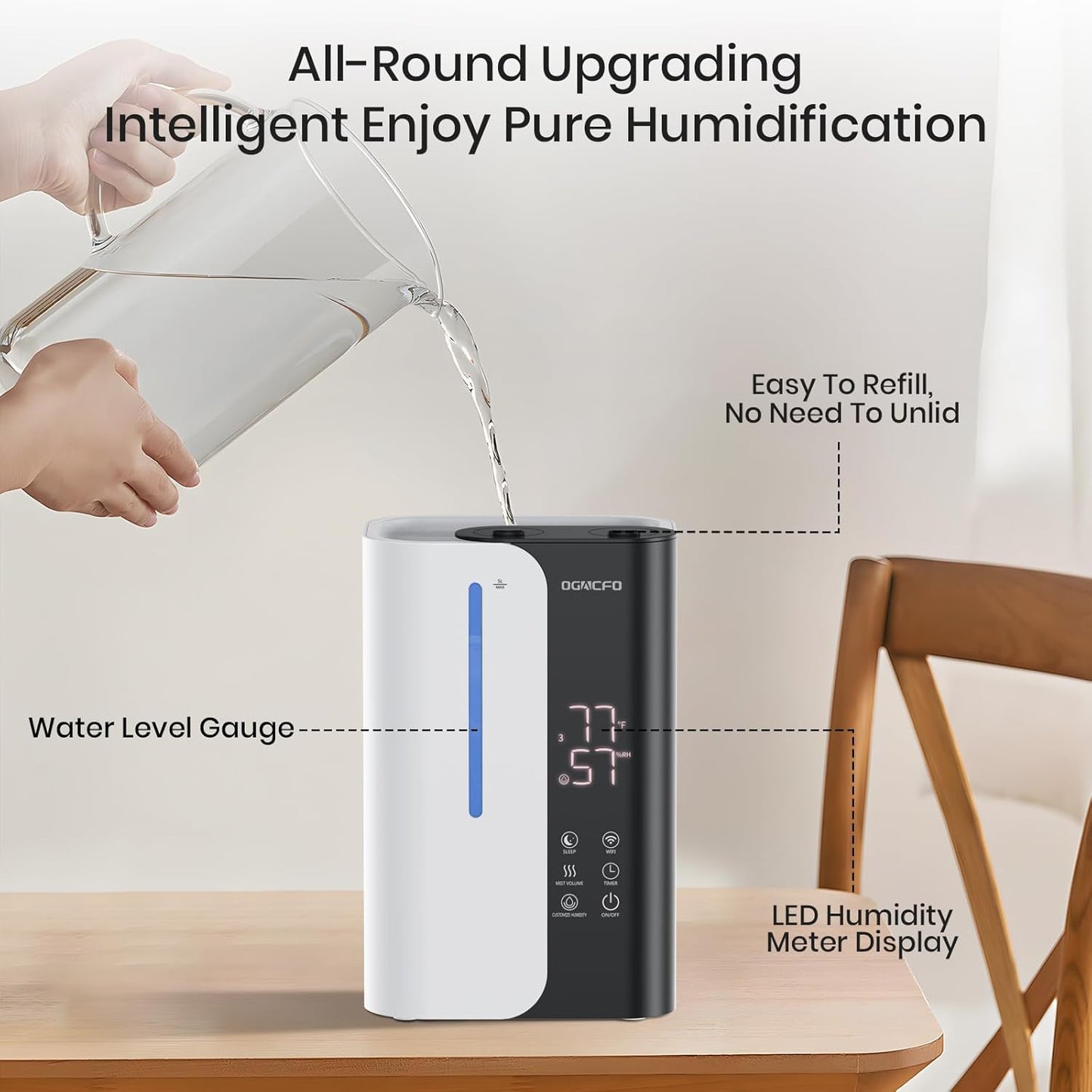 Cool Mist Humidifiers for Bedroom and Plants & Baby, Top Fill 5L Large Room Smart Humidifier for Home Nursery, 28 dB Quiet 50H Runtime Bedroom humidifier with Essential Oils