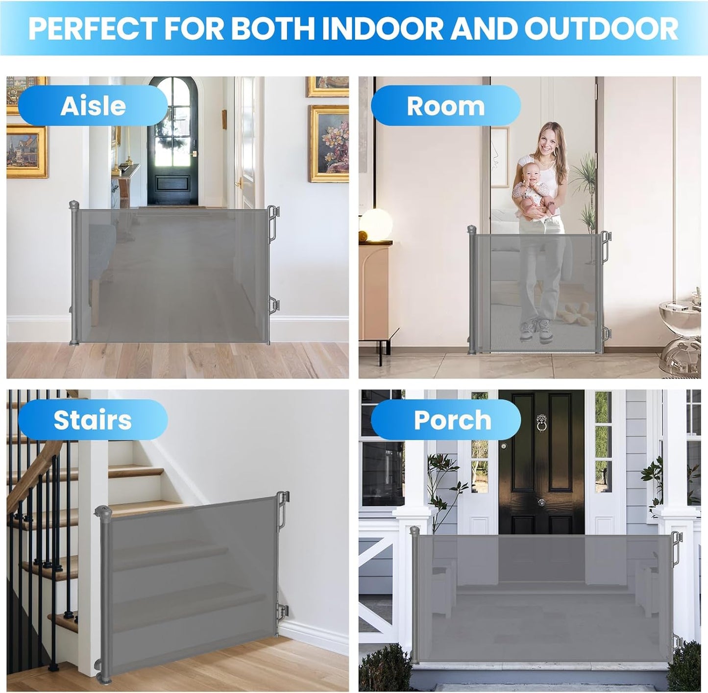 Retractable Safety Baby Gate or Mesh Dog Gate,Durable Portable Mesh Retractable Gate,Easy to Use for Stairs, Doorways,Hallways, Indoor, Outdoor, 33.5" Tall, Extends to 65" Wide, Gray