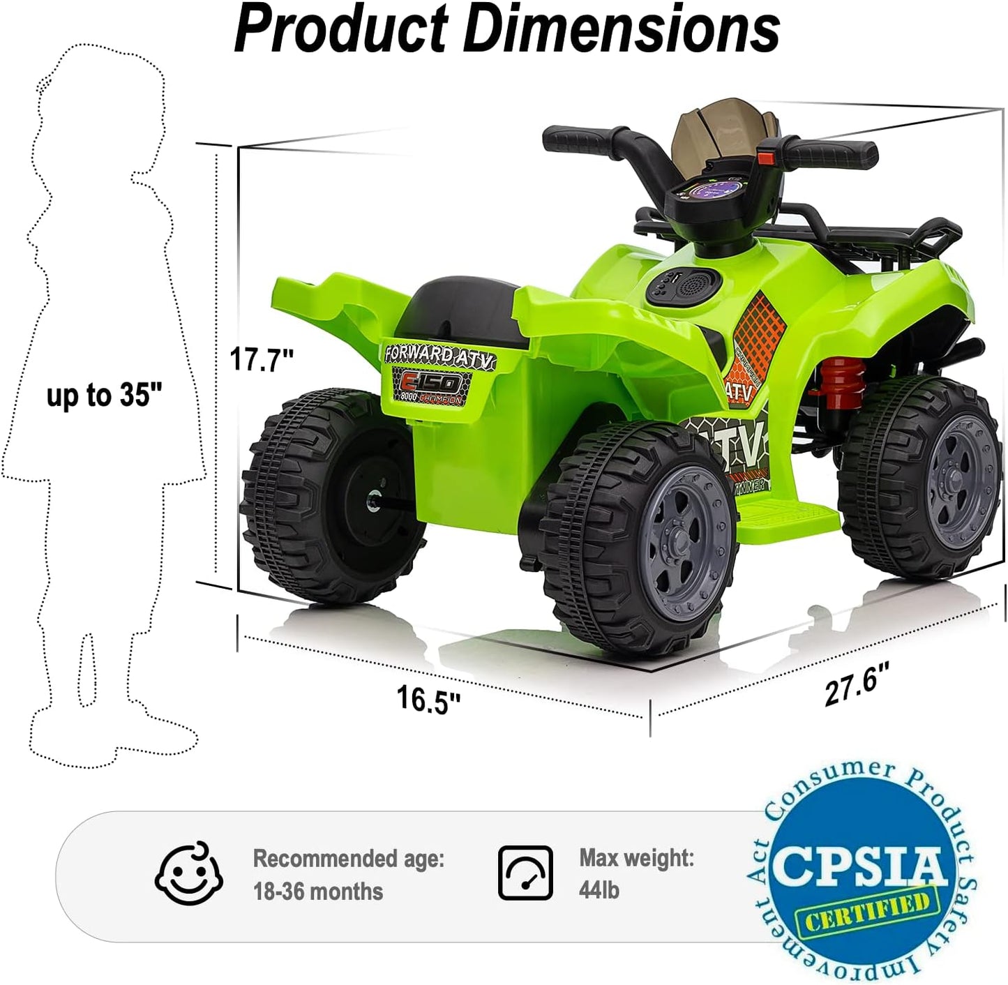 Kids ATV 4 Wheeler, 6V Ride-On Toy for Toddlers Boys & Girls with Music, Forward & Reverse - Green