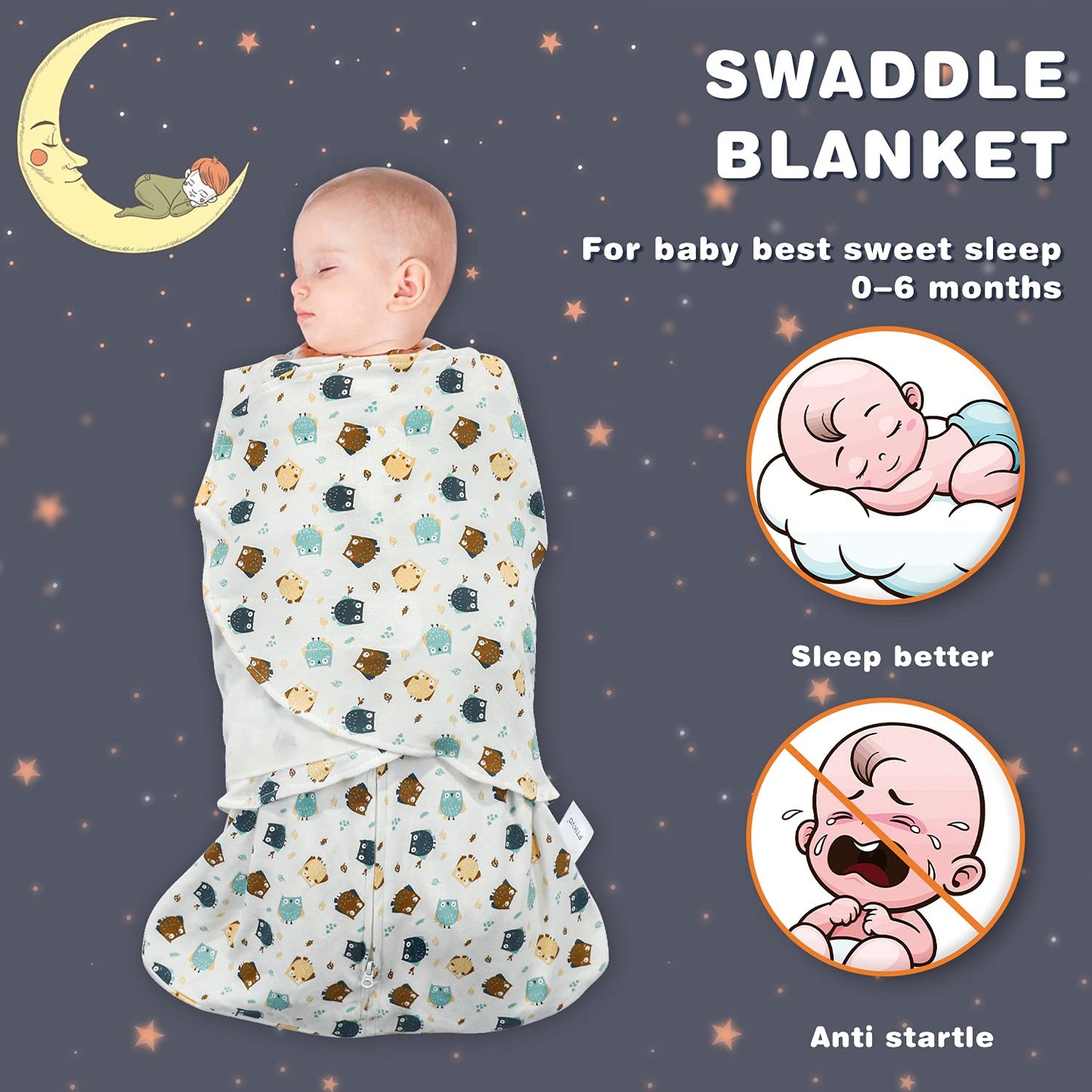 Swaddle-Blanket Baby Girl & Boy Swaddles Newborn Infant Transition 100% Cotton Wrap Blankets, 3-Way Adjustable Wearable Blanket, TOG 1.0 (Owl, 3-6 Month)