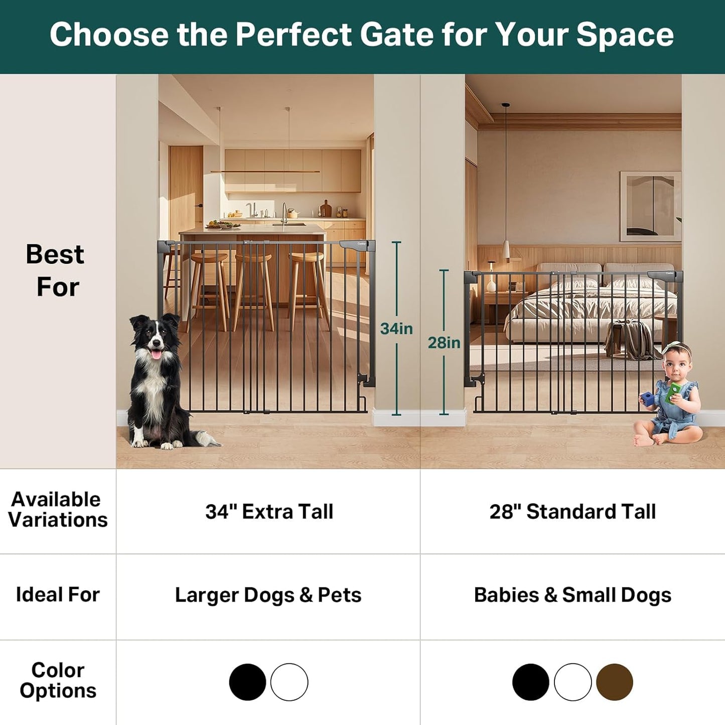 Cumbor 34" Extra Tall No Bottom Bar Baby Gate for Stairs, Auto Close Dog Gate Indoor for Larger Pets, 29.2-43" Hardware Mounted Safety Gate for Doorways, Wide Walk Thru Door for Easy Access (Black)