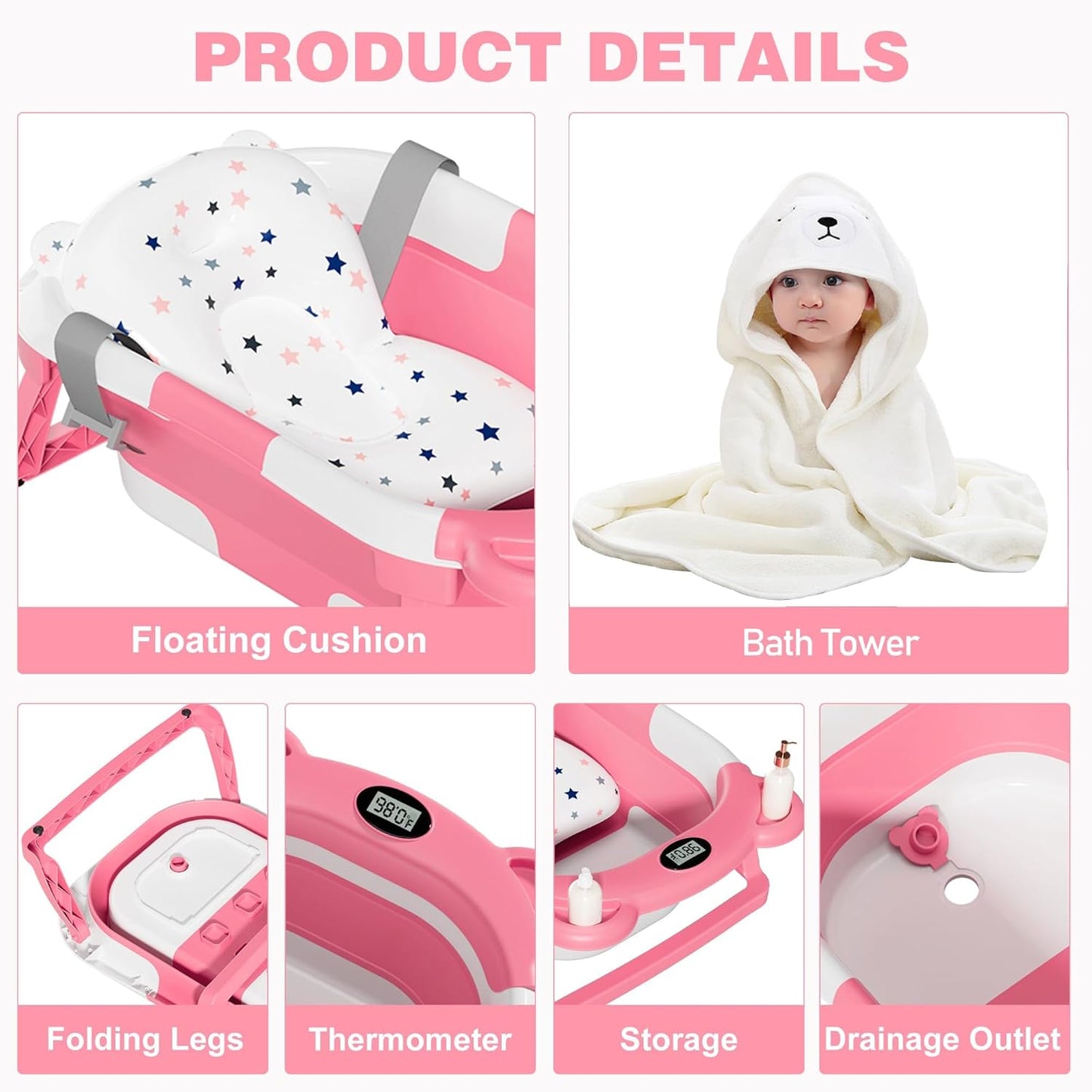 MoreFeel Collapsible Baby Bathtub for Newborn with Thermometer & 1 Hooded Towel & 1 Soft Floating Cushion,Portable Travel Bathtub with Drain Hole, Durable Foldable Baby Tubs for Infants to Toddler