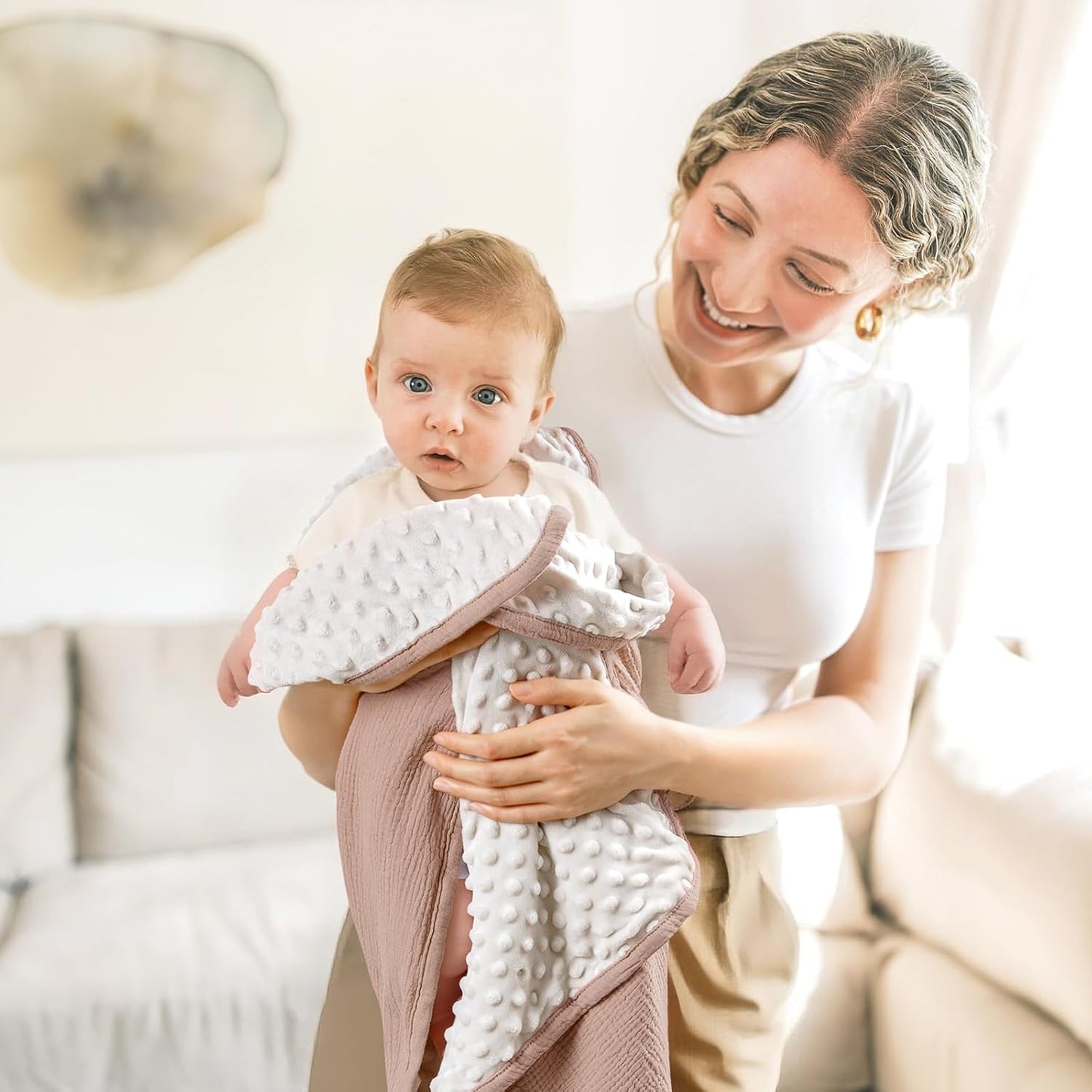 lulumoon Baby Blanket for Newborn Receiving: Minky Dot & Muslin Lightweight - Thermal Blanket Gift for Baby Shower & Hospital Welcoming 30"x40"(Sand)