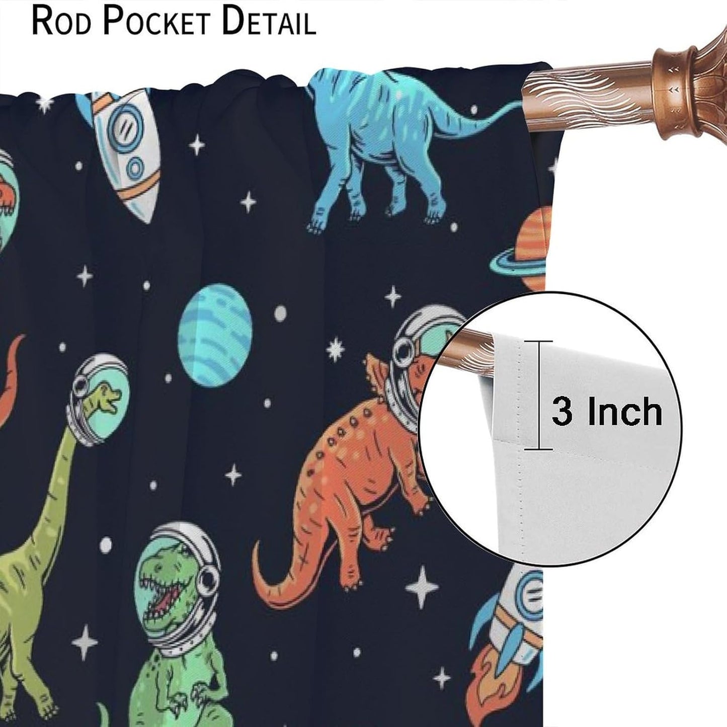 Cartoon Dinosaur Curtains for Kids Boys Girls Home Decor, Astronaut Rocket Funny Outer Space Blackout Rod Pocket Window Drapes for Bedroom Living Room W27.5xL63in 2 Panels