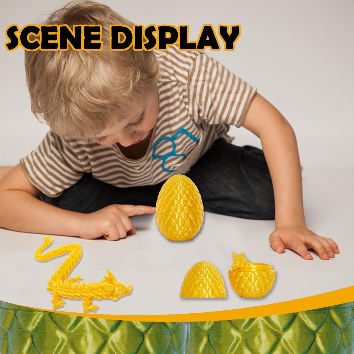 3D Printed Dragon Eggs with Dragon Inside, 12In Silk Gold Dragon Egg Fidget Toy, Executive Desk Articulated Dragon Toy, Home Office Decoration